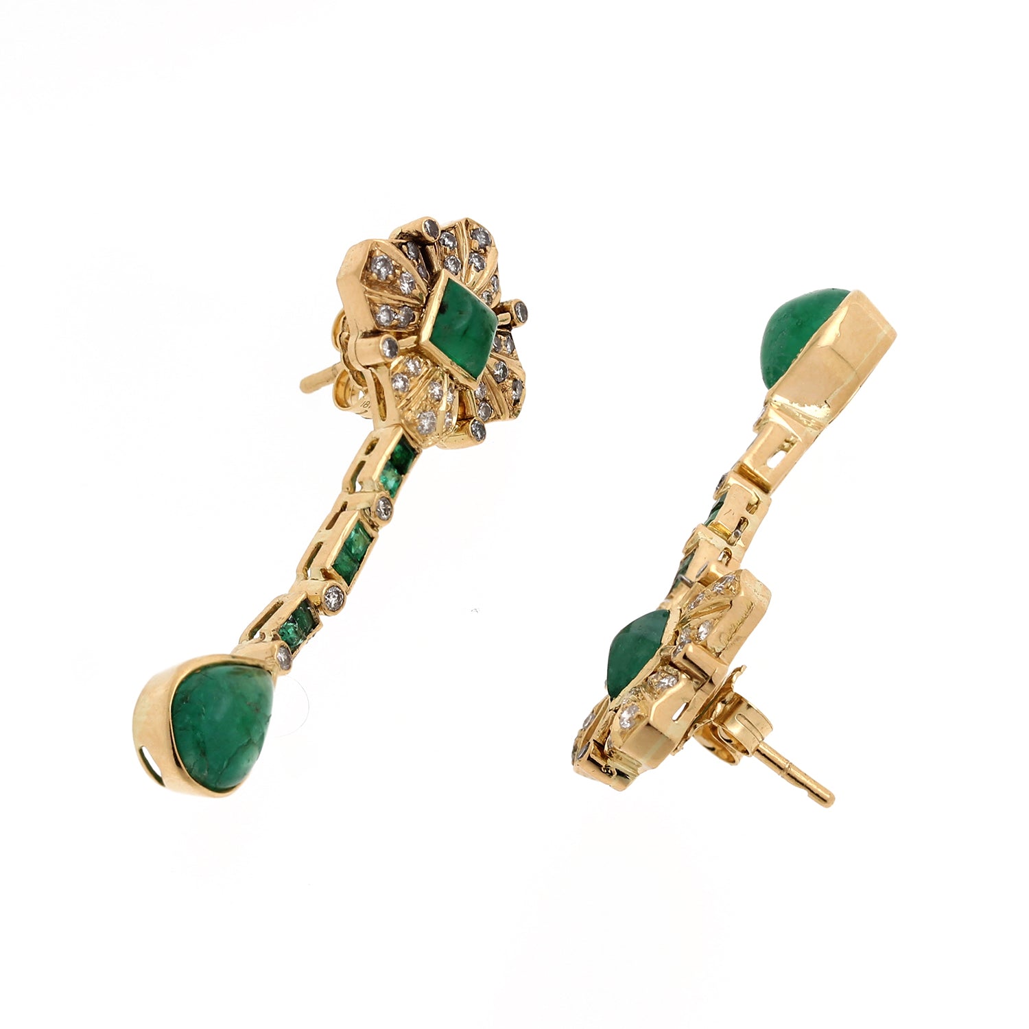 18K Yellow Gold Cabochon Green Emerald Diamond Dangling Drop Earrings Estate