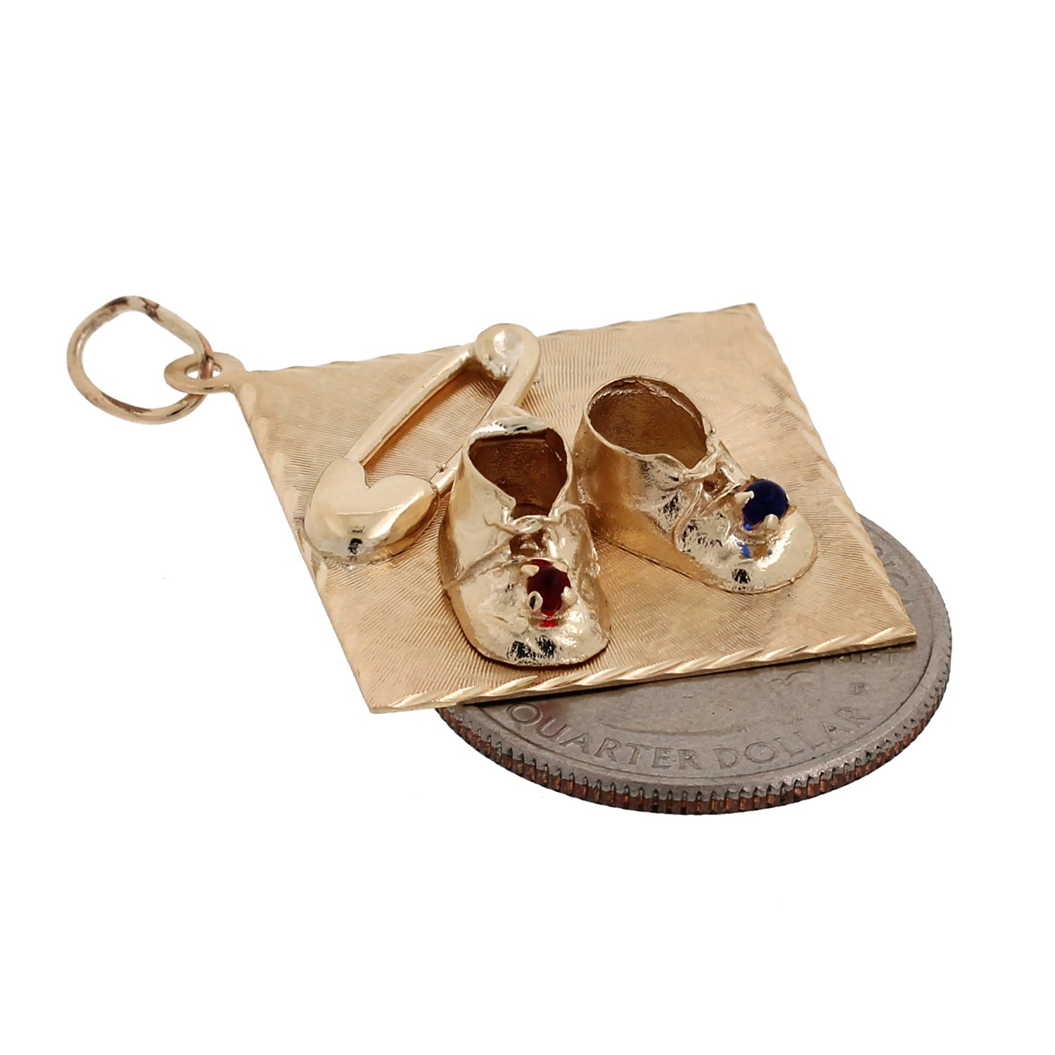 Baby Dangle Shoes Pin Square Charm Pendant 14K Yellow Gold Bead Accents 1.75"