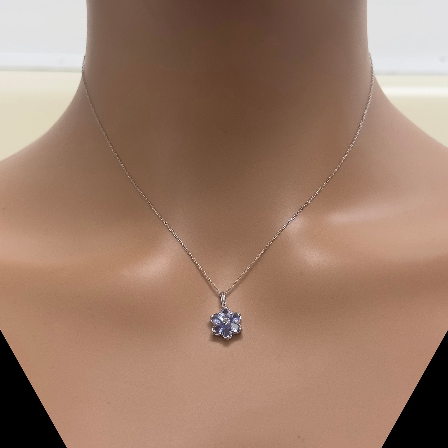 Diamond Flower Pendant Cable Chain Necklace 14K White Gold Blue Glass Accent 16"