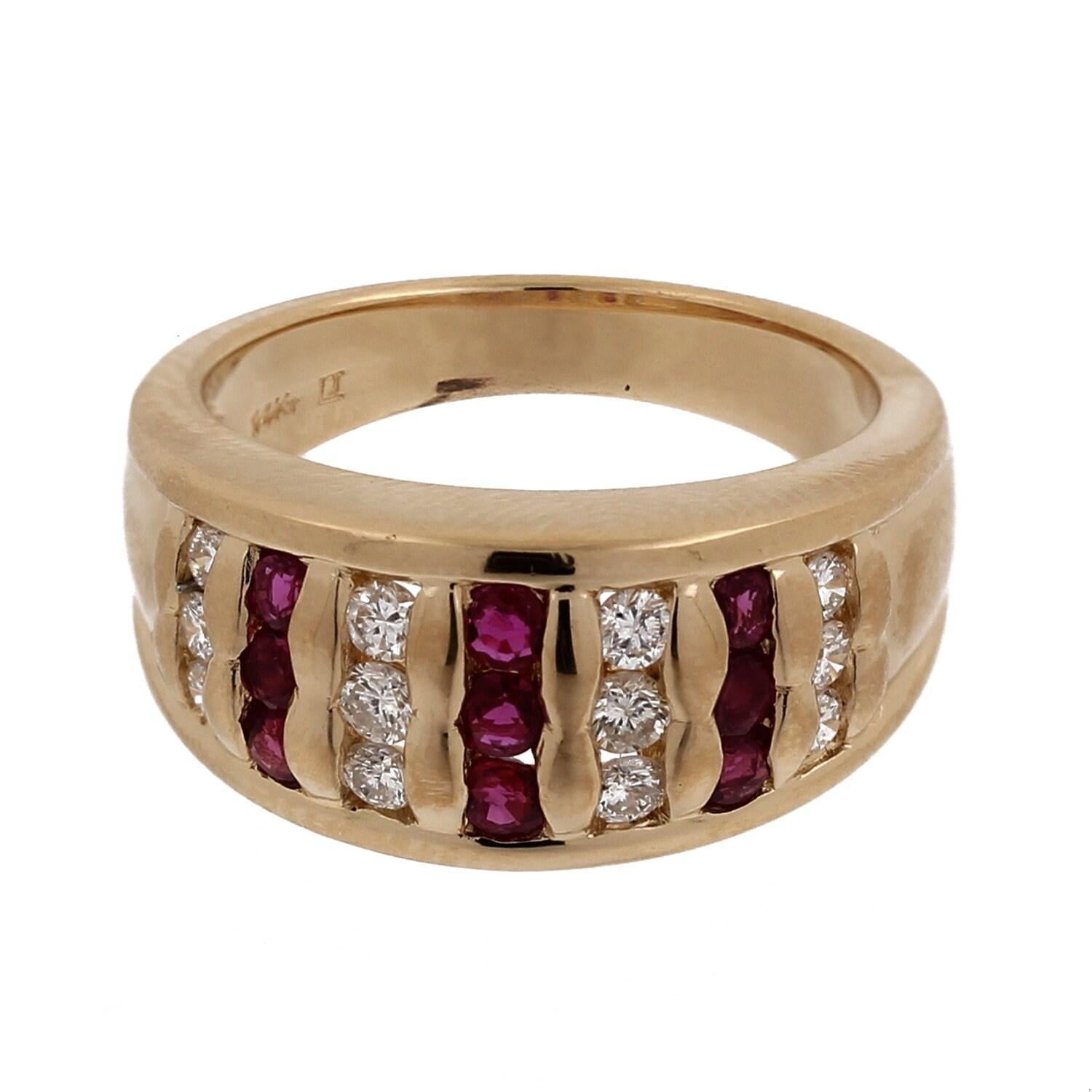 Ruby Diamond 3-Row Bar Band Ring 14K Yellow Gold 1.00 CTW Channel Set Size 6.5