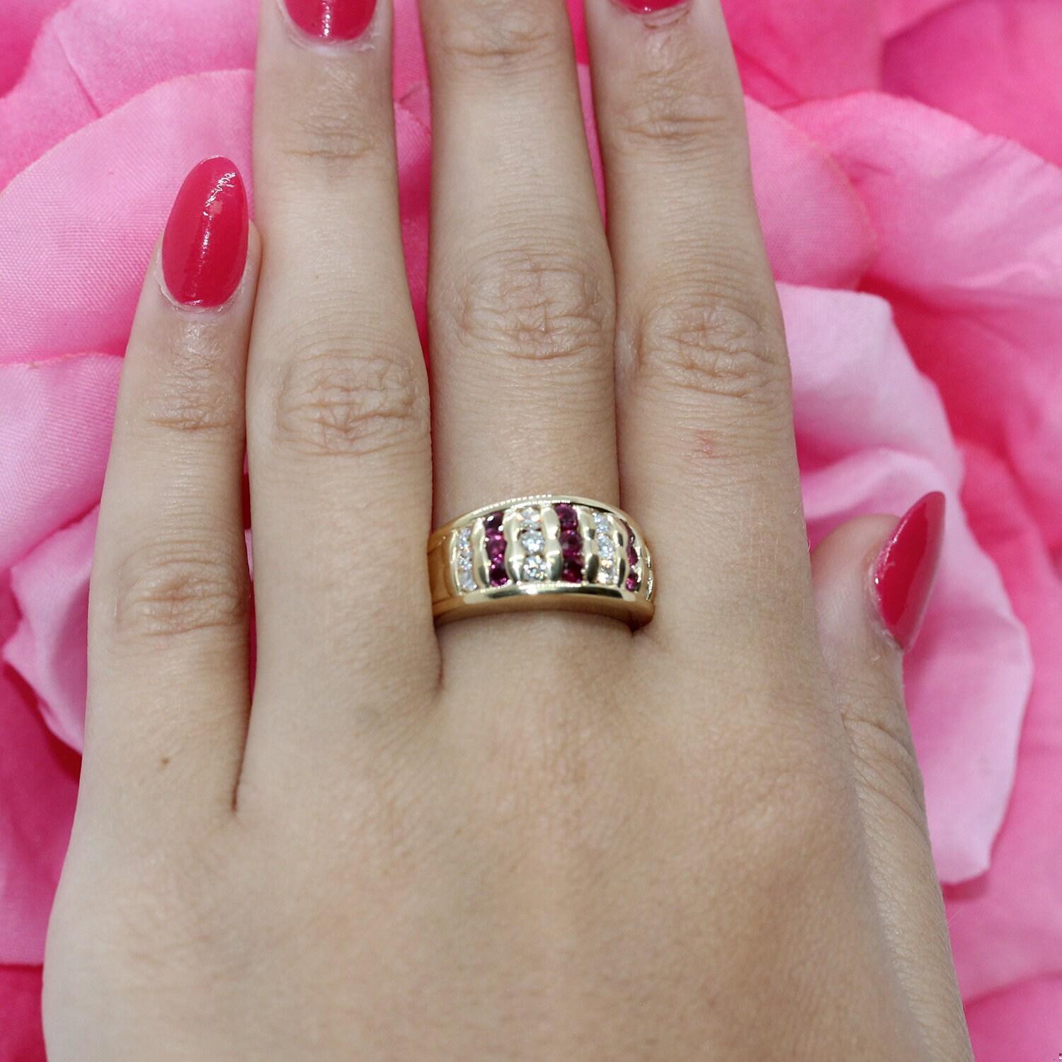 Ruby Diamond 3-Row Bar Band Ring 14K Yellow Gold 1.00 CTW Channel Set Size 6.5
