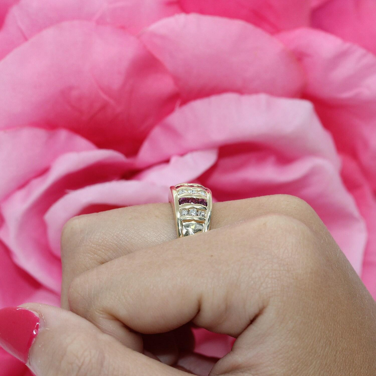 Ruby Diamond 3-Row Bar Band Ring 14K Yellow Gold 1.00 CTW Channel Set Size 6.5