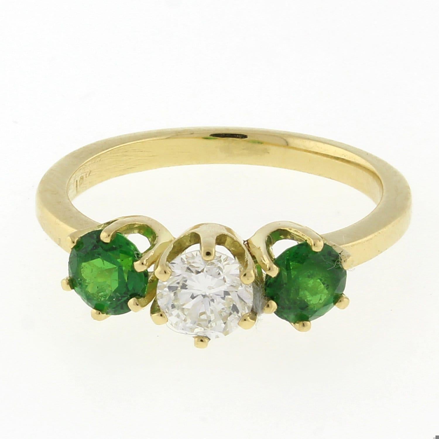 3-Stone Diamond Tsavorite Garnet Band Ring 18K Yellow Gold Size 5 Ladies Estate