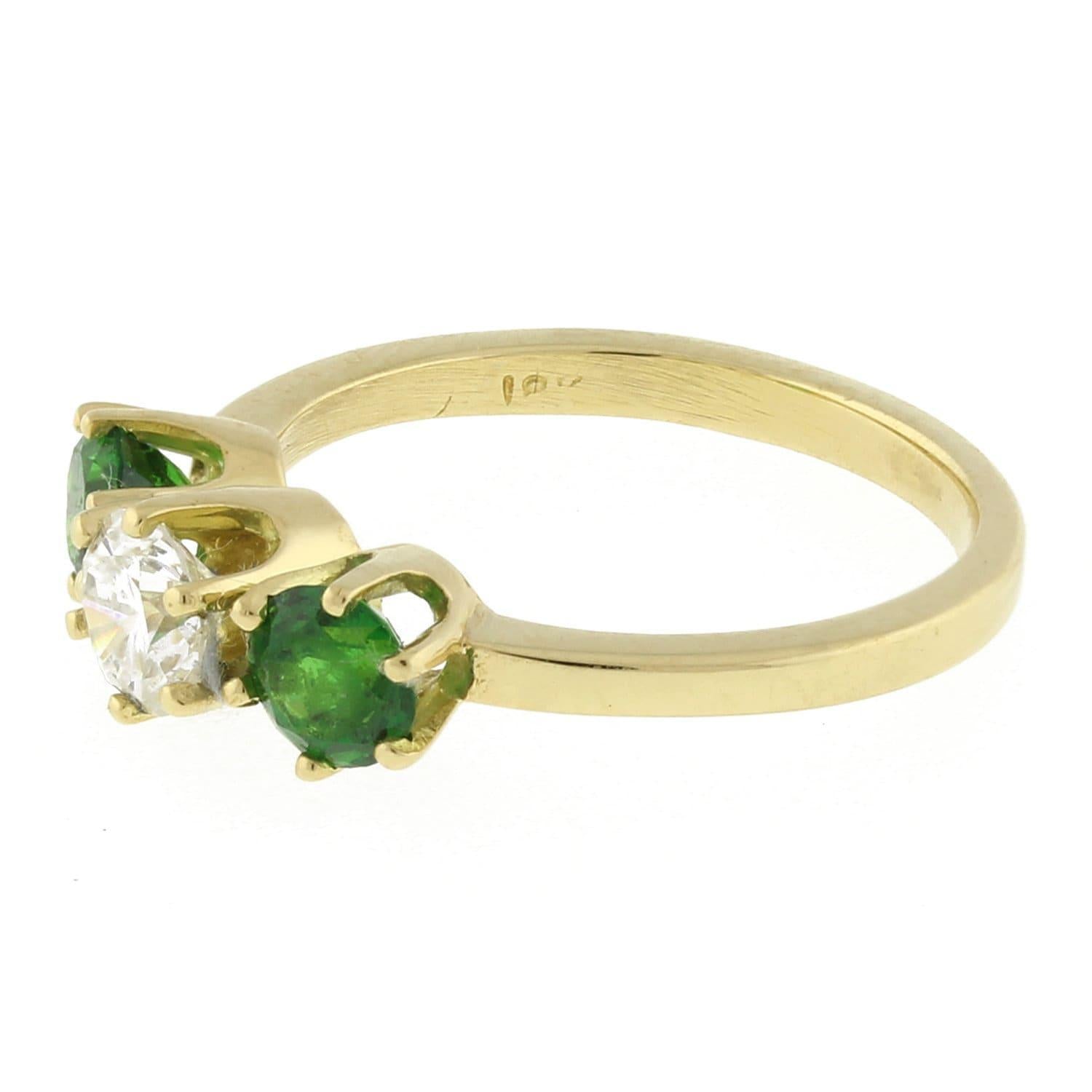 3-Stone Diamond Tsavorite Garnet Band Ring 18K Yellow Gold Size 5 Ladies Estate