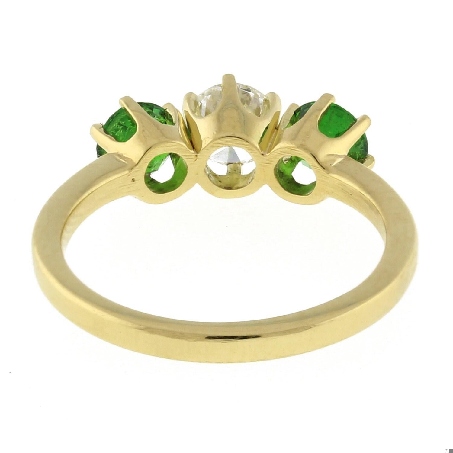 3-Stone Diamond Tsavorite Garnet Band Ring 18K Yellow Gold Size 5 Ladies Estate