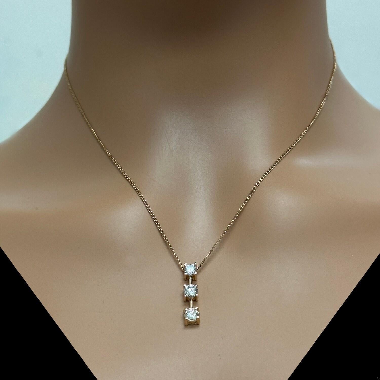 3-Stone Diamond Journey Pendant 14K Yellow Gold 0.92 TW Round Dia Estate 20 mm