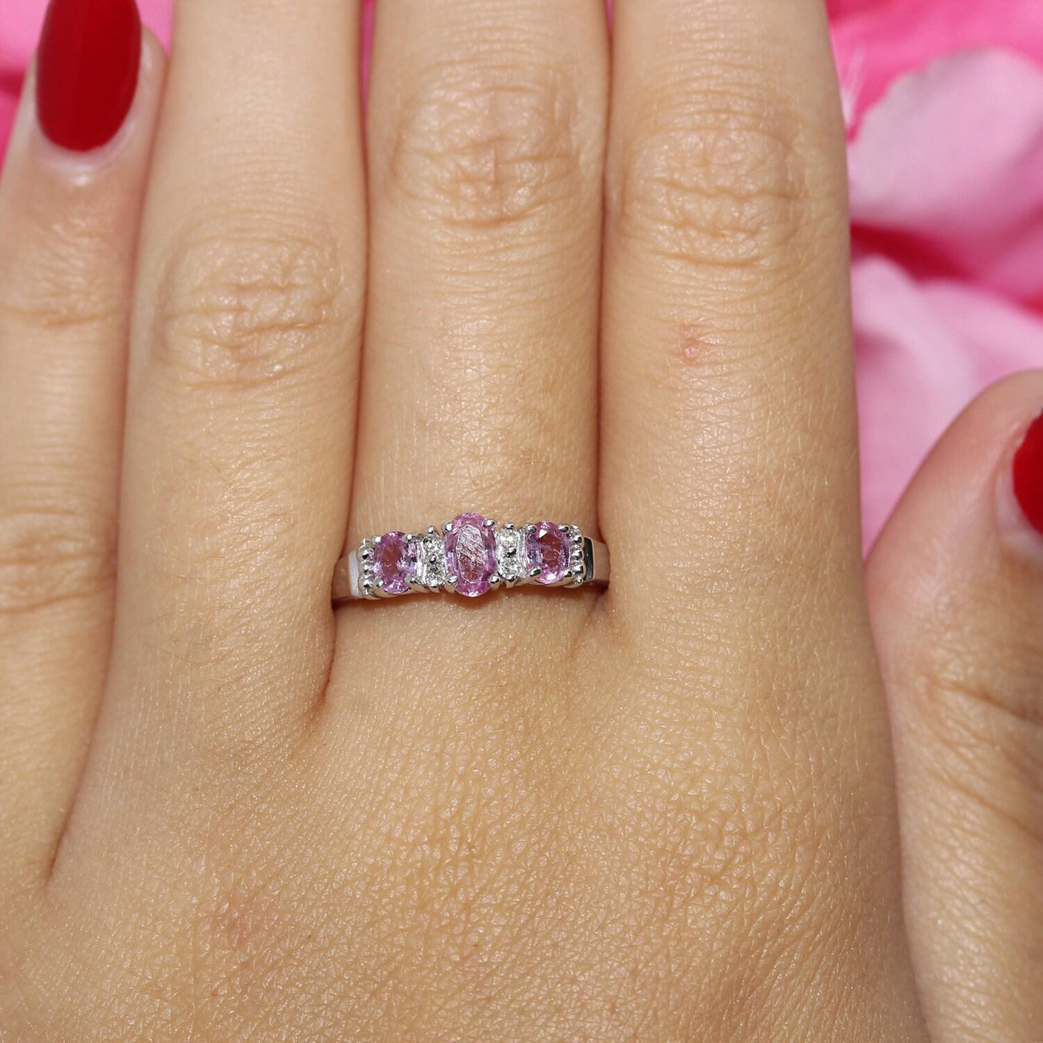 3-Stone Pink Topaz Diamond Accented Ring 10K White Gold 0.64 CTW SZ 7 Estate