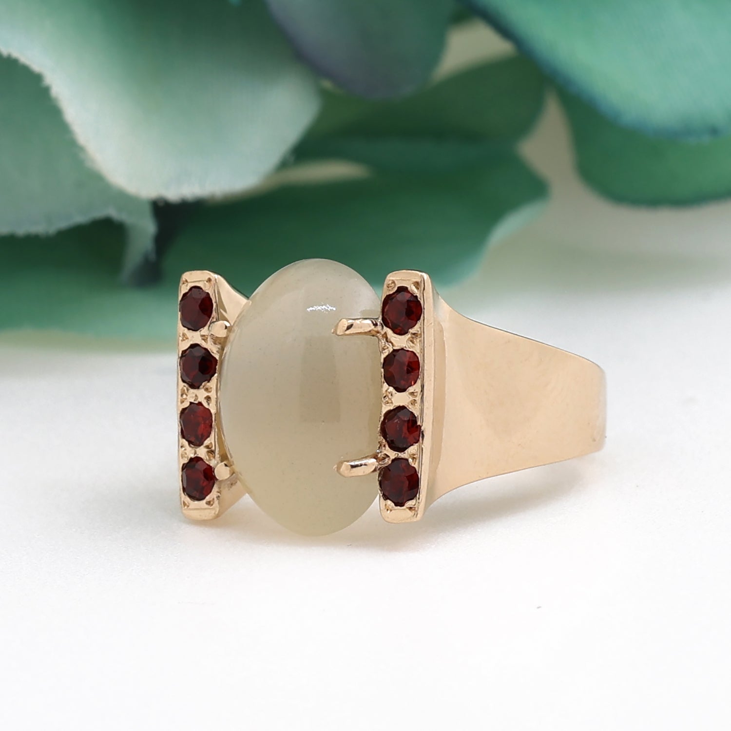 7.62 CTW White Chalcedony Garnet Statement Ring 14K Yellow Gold Size 6.25