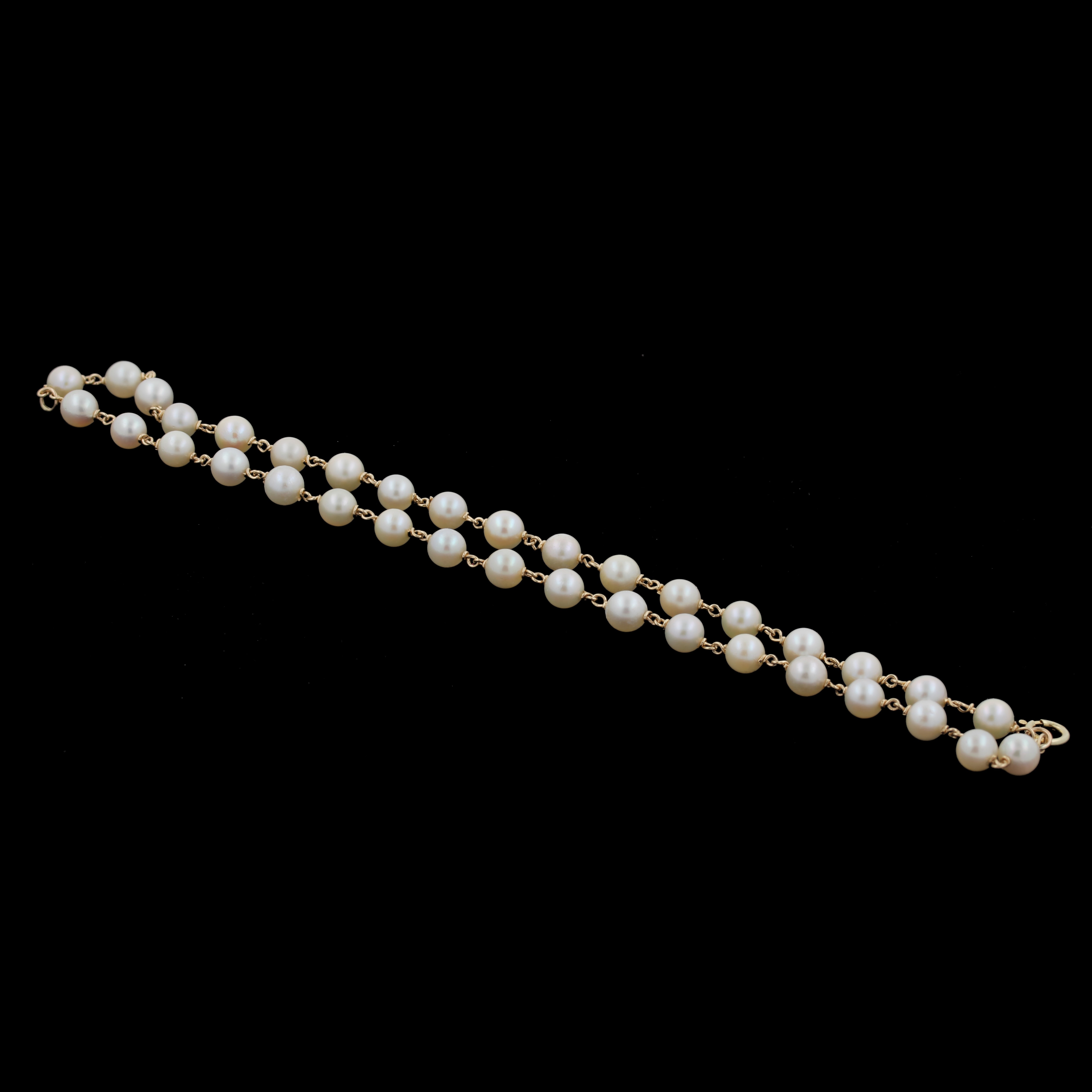 Vintage Two-Strand Freshwater Pearl Bracelet 14K Yellow Gold  Estate 7.5"