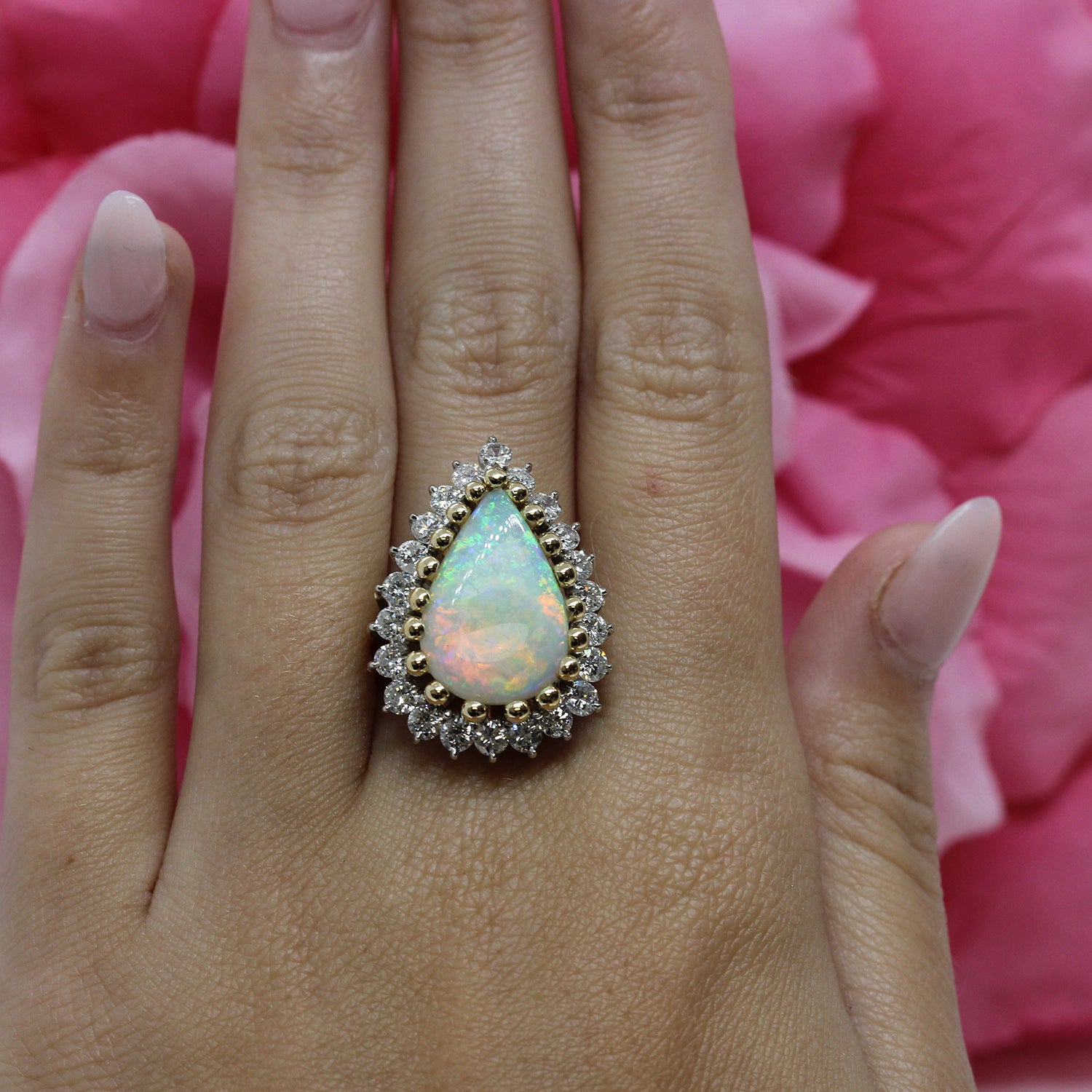 Pear Opal Diamond Halo Ring 14K Two-Tone Gold Ball Accents 5.50 CTW Size 4.75