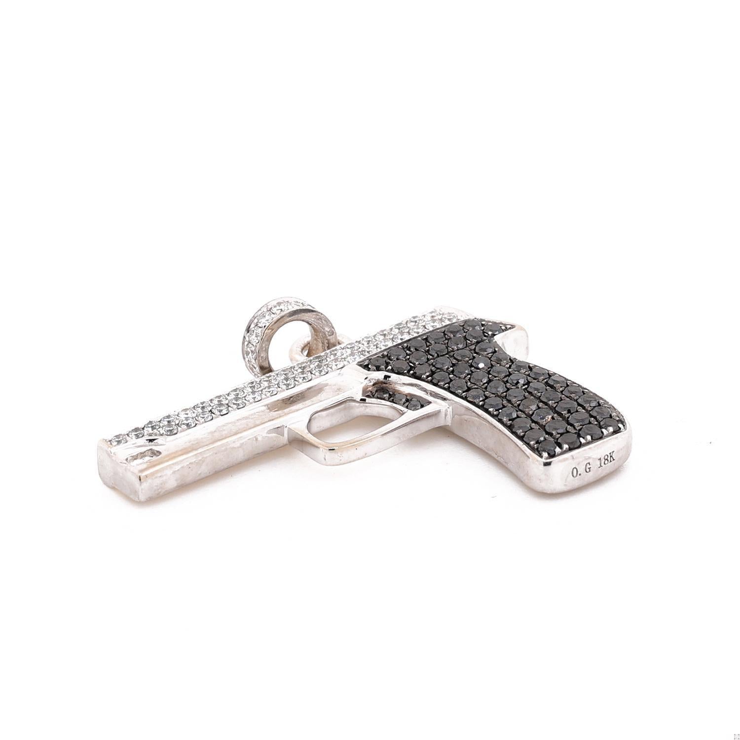 3D Black White Diamond Gun Pendant Charm Firearm 18K White Gold 1.15 TW 1.40"