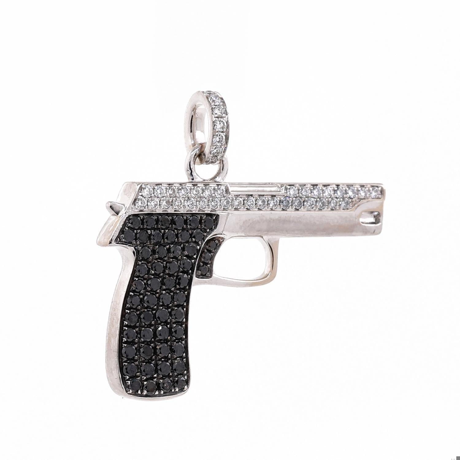 3D Black White Diamond Gun Pendant Charm Firearm 18K White Gold 1.15 TW 1.40"