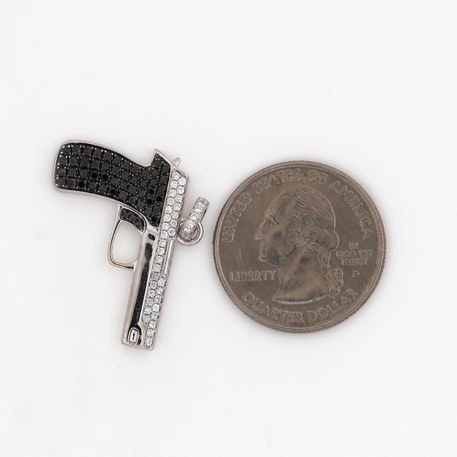 3D Black White Diamond Gun Pendant Charm Firearm 18K White Gold 1.15 TW 1.40"