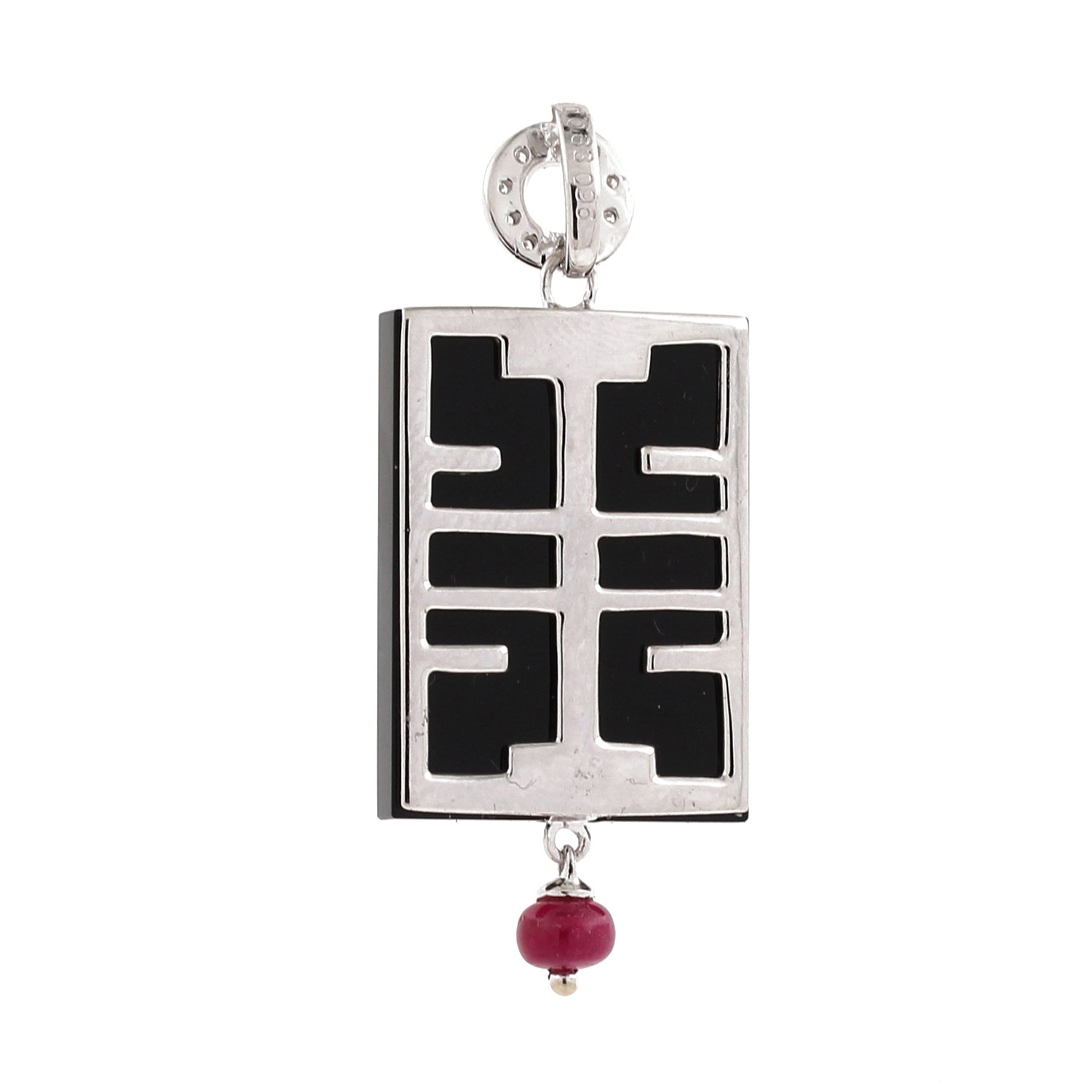 Black Onyx Diamond Ruby Pendant 18K White Gold Rectangle 1.75" Vintage