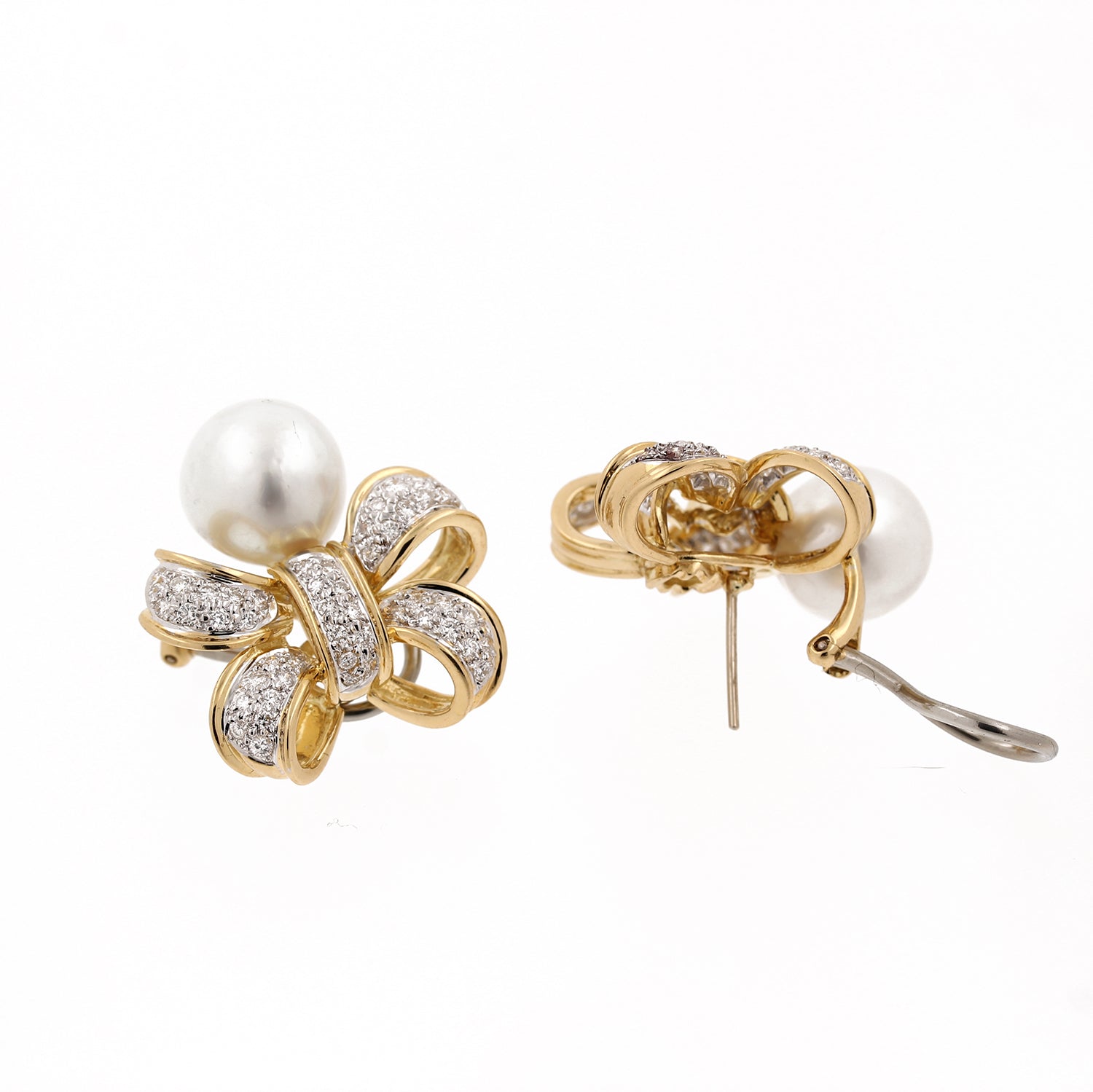 Vintage Pearl Diamond Accent Bow Earrings 18K Two-Tone Gold 2.30 CTW 12 mm