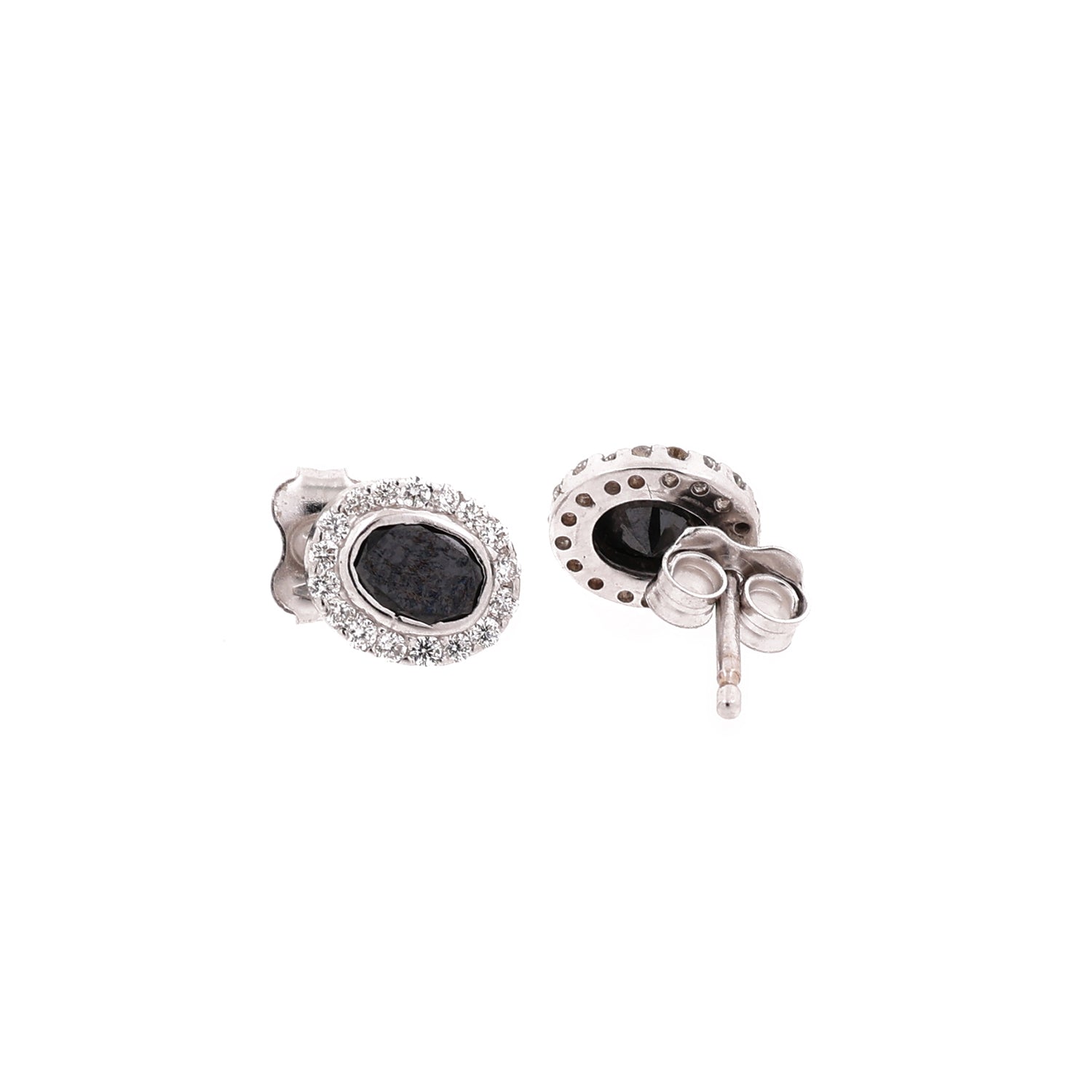 Halo Black Diamond Oval Stud Earrings 18K White Gold 0.93 TW 0.27"