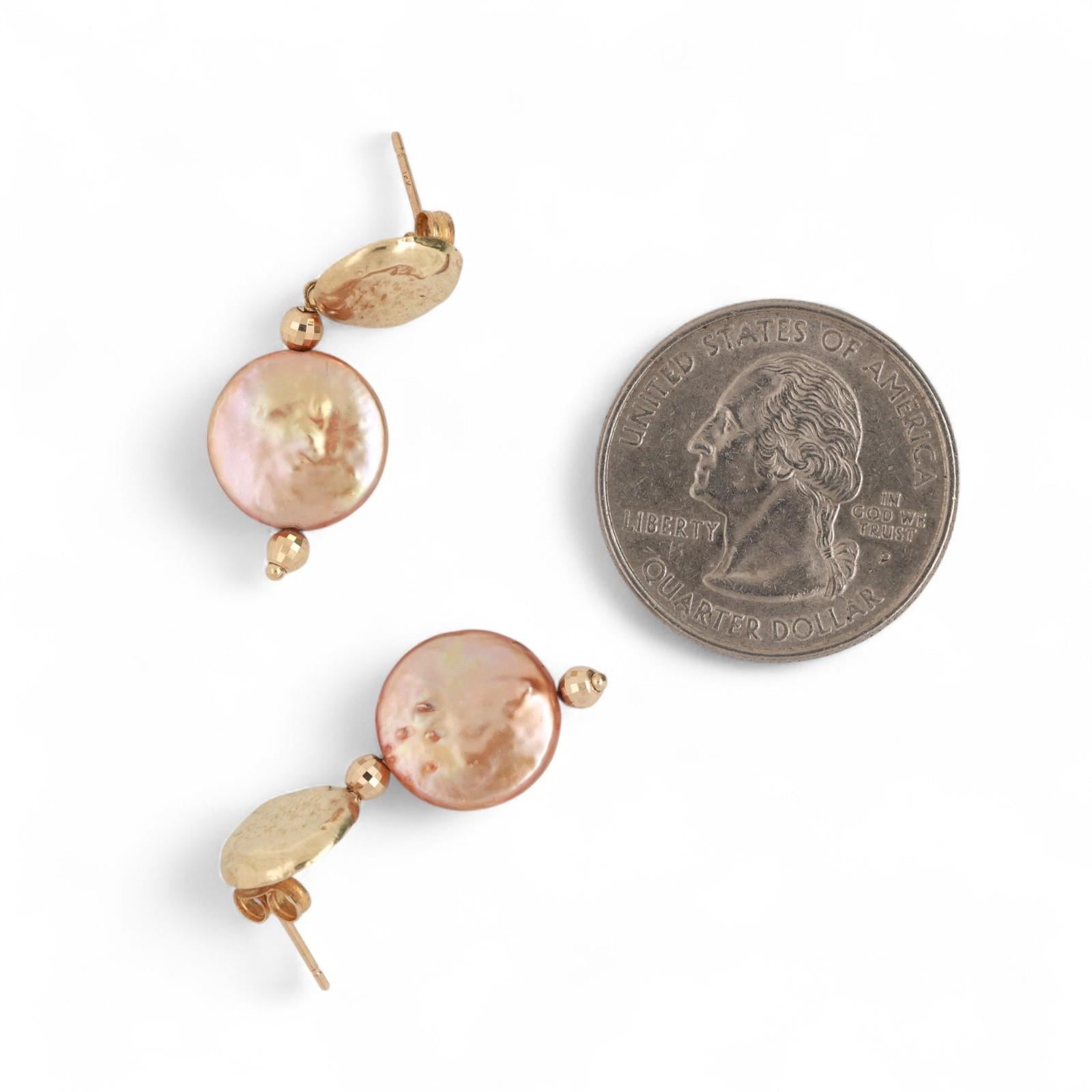 Peach Button Freshwater Pearl Drop Dangle Earrings 14K Yellow Gold 1" Ladies