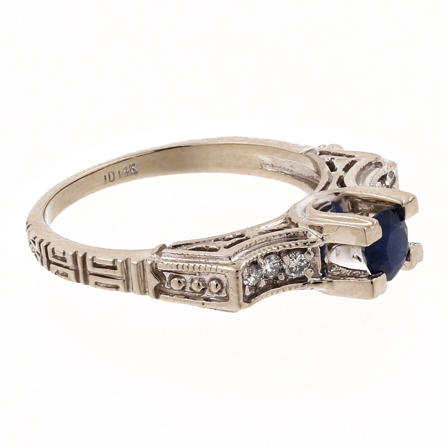 Round Blue Sapphire Engagement Ring 14K W/G Greek Key Design 0.65CTW SZ 8.25