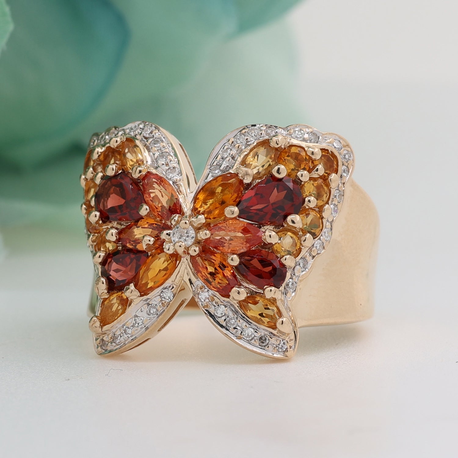 Citrine Garnet Diamond Butterfly Statement Ring 14K Yellow Gold Size 10.25