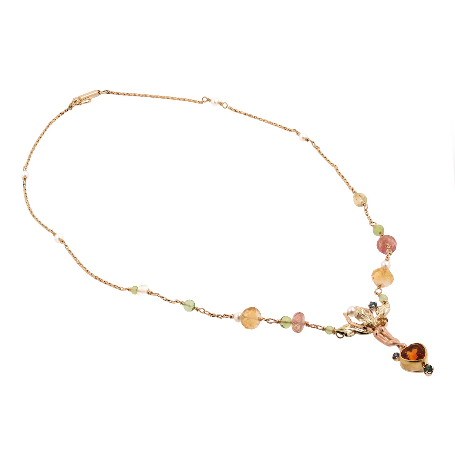 14K Two-Tone Multi Gemstone & Pearl Fairy Pendant Necklace 18.5"