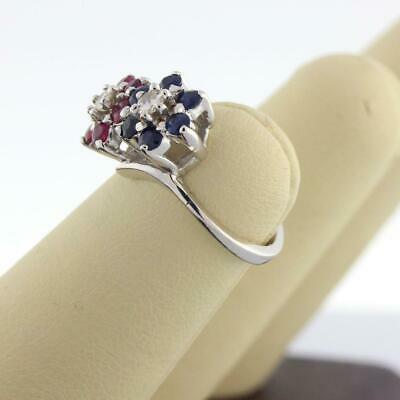 Estate Floral Sapphire Ruby Diamond Pinkie Ring 14K White Gold 1.40 CTW Size 3