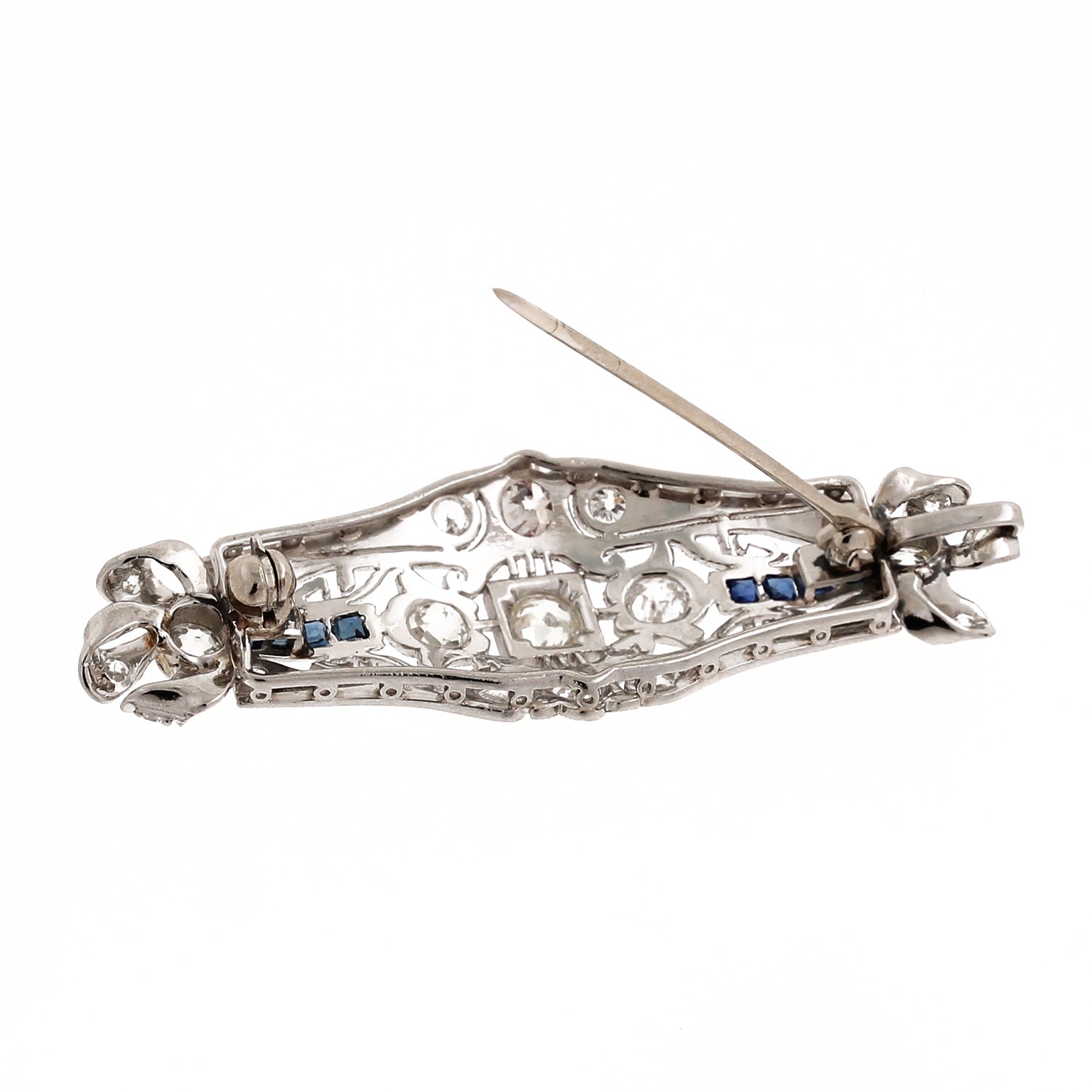 Art Deco Diamond & Sapphire Filigree Brooch Pin Platinum 1.49 TW Old Euro Dia