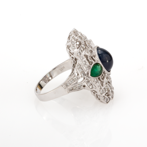 Vintage Sapphire Emerald & Diamond Statement Ring 18K White Gold 5.75 CTW