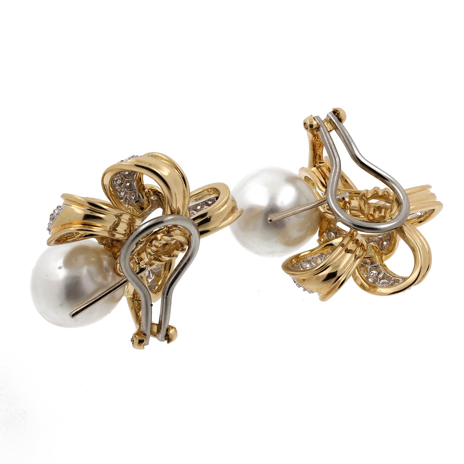 Vintage Pearl Diamond Accent Bow Earrings 18K Two-Tone Gold 2.30 CTW 12 mm