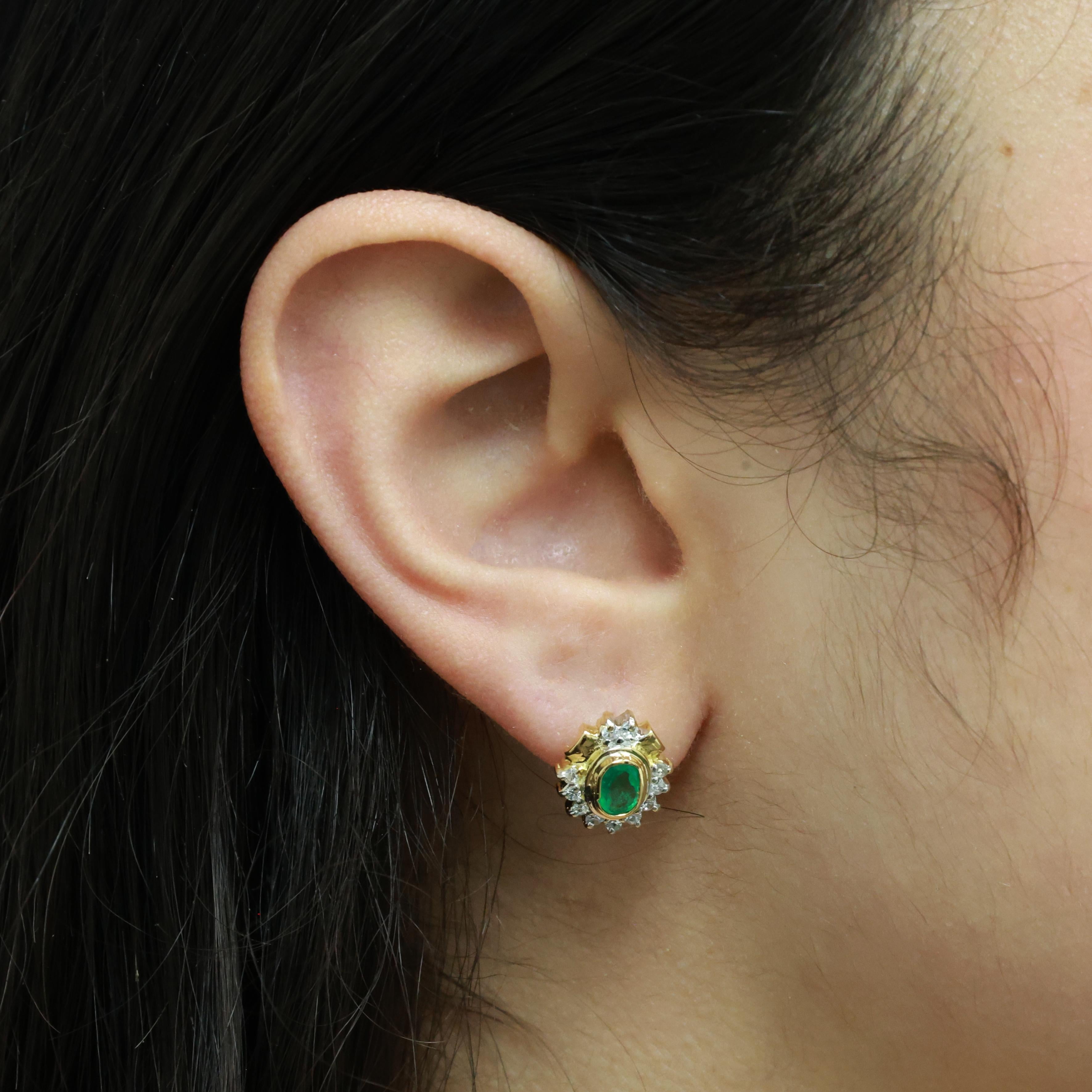 1.12CTW Emerald Diamond Stud Earrings 18K Yellow White Gold Oval Halo Vintage