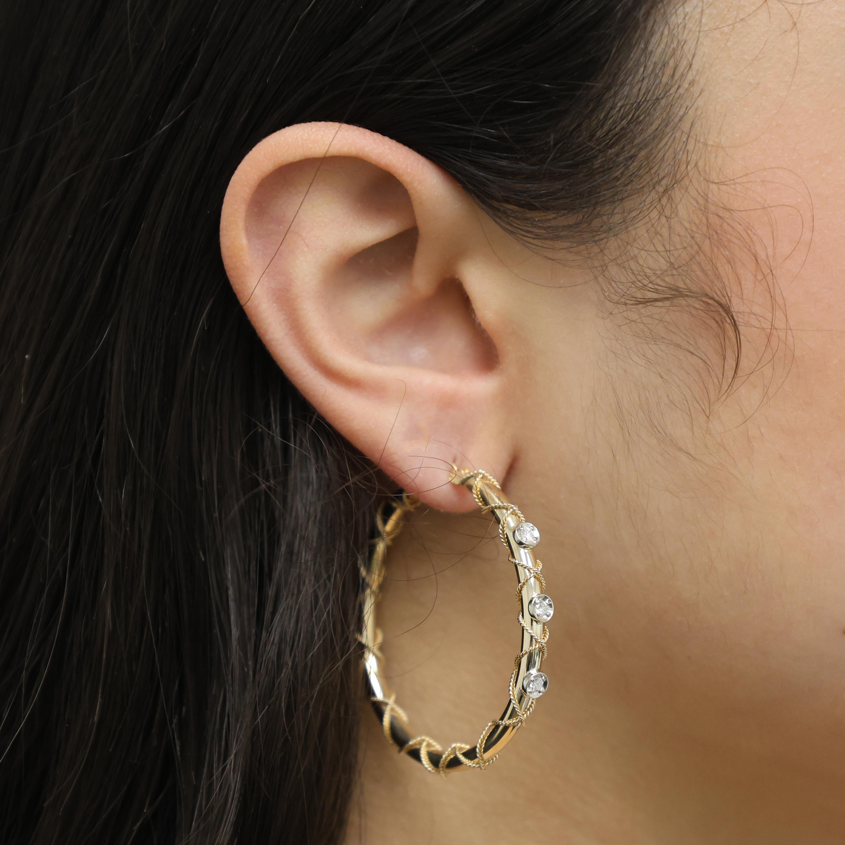 Diamond Circle Twisted Round Hoop Earrings 14K Gold 0.30 TW 1.70" Ladies
