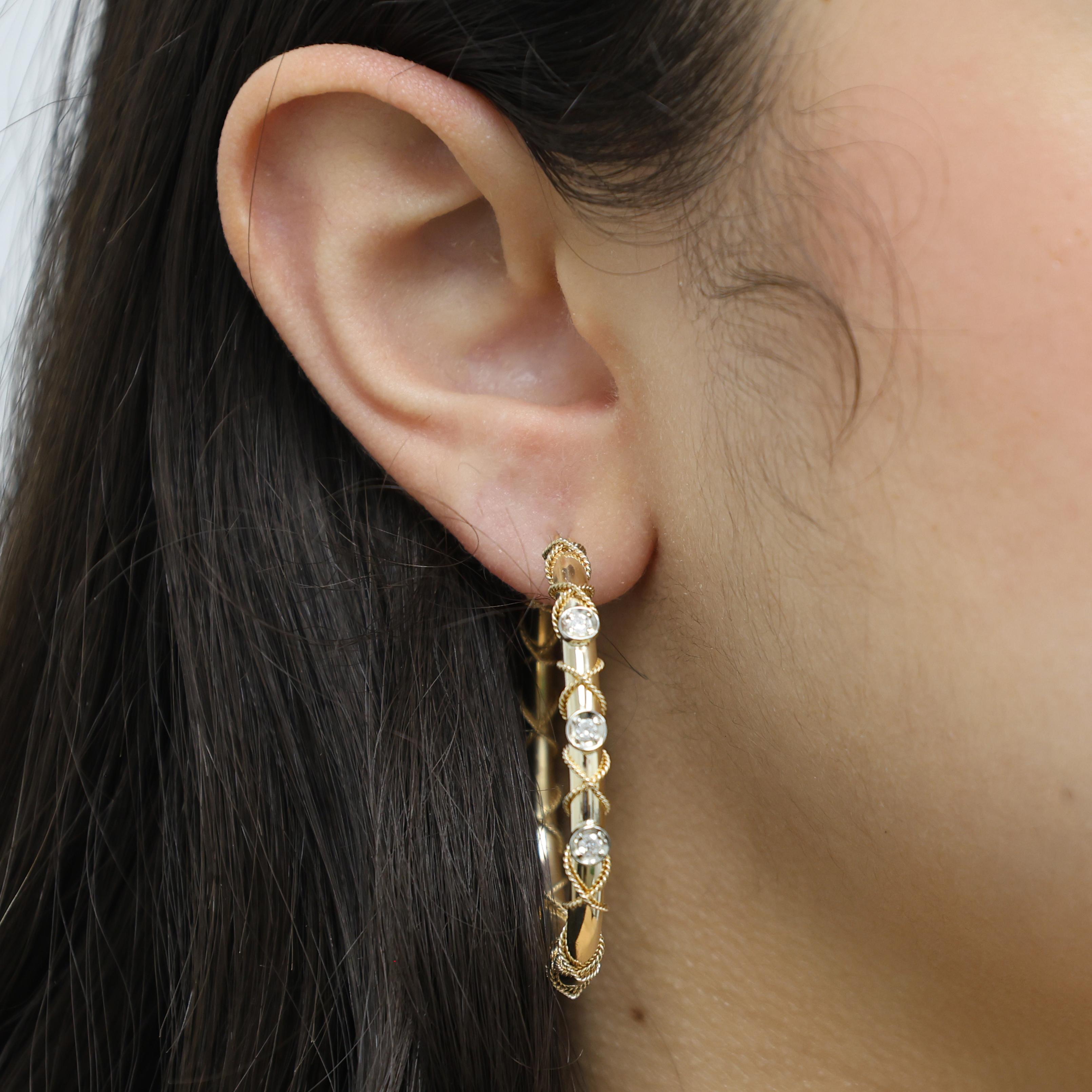 Diamond Circle Twisted Round Hoop Earrings 14K Gold 0.30 TW 1.70" Ladies