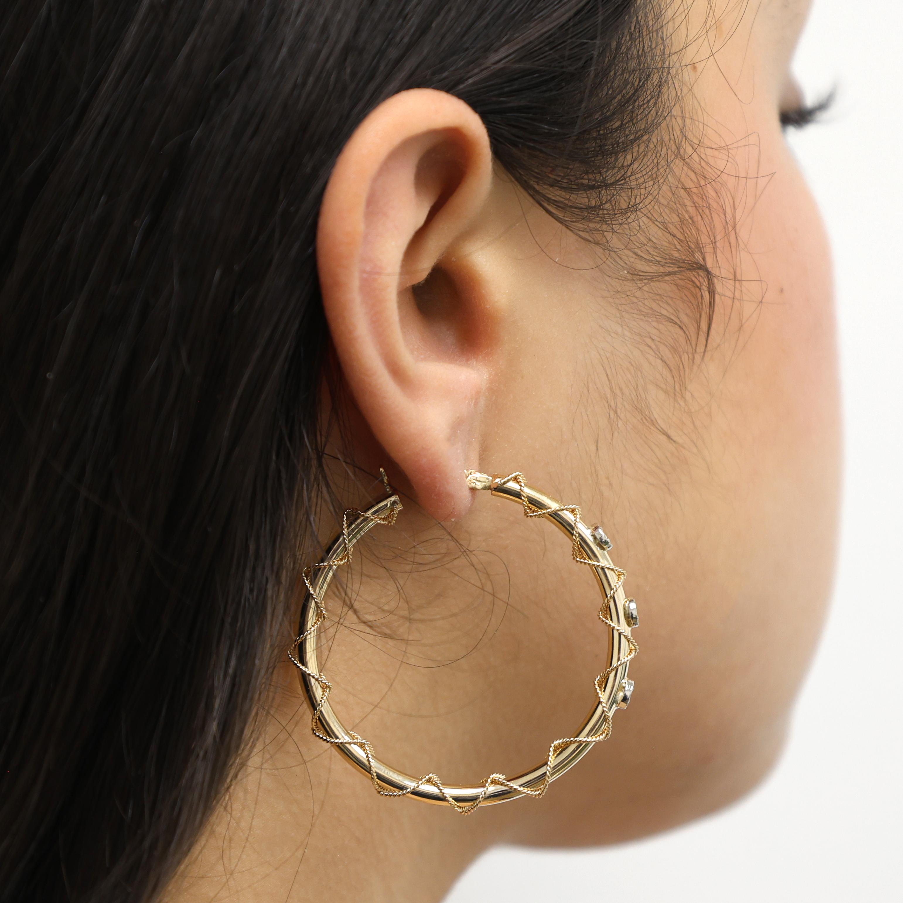 Diamond Circle Twisted Round Hoop Earrings 14K Gold 0.30 TW 1.70" Ladies