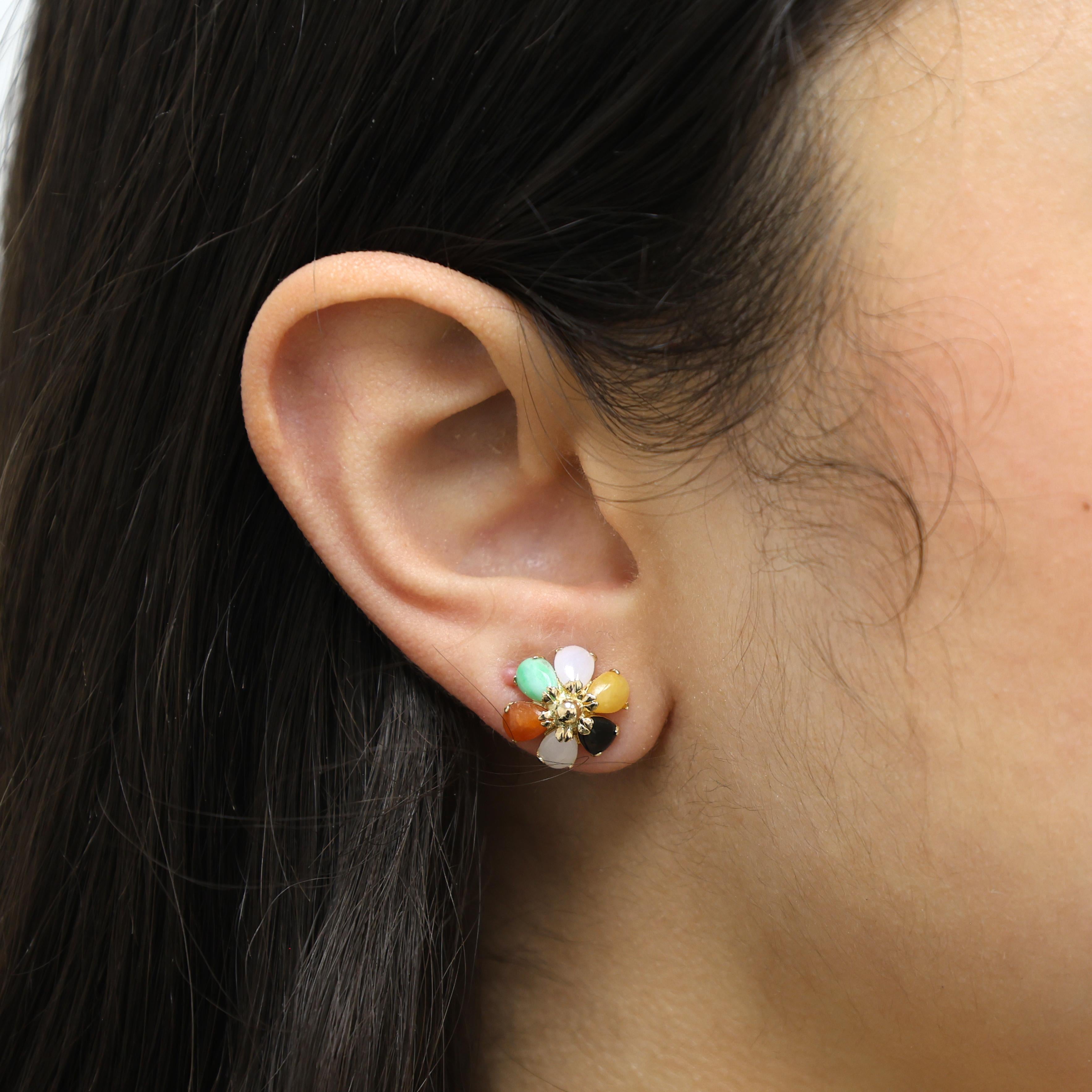 Multi Color Jadeite Flower Stud Earrings Yellow Gold 12.35 mm Ladies Estate