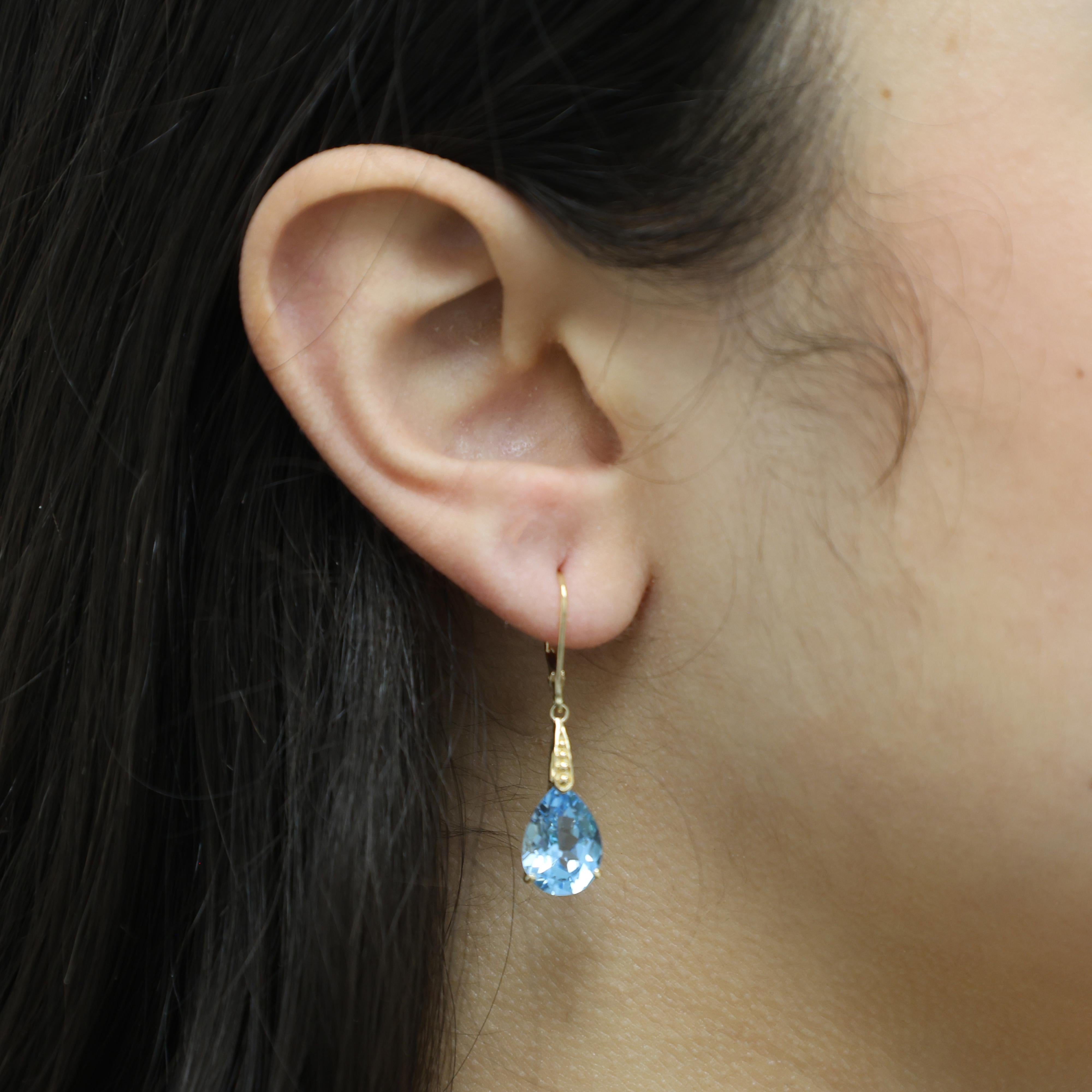 Pear Blue Topaz Drop Dangle Earrings 14K Yellow Gold 7.50 CTW Lever Backs 1.30”