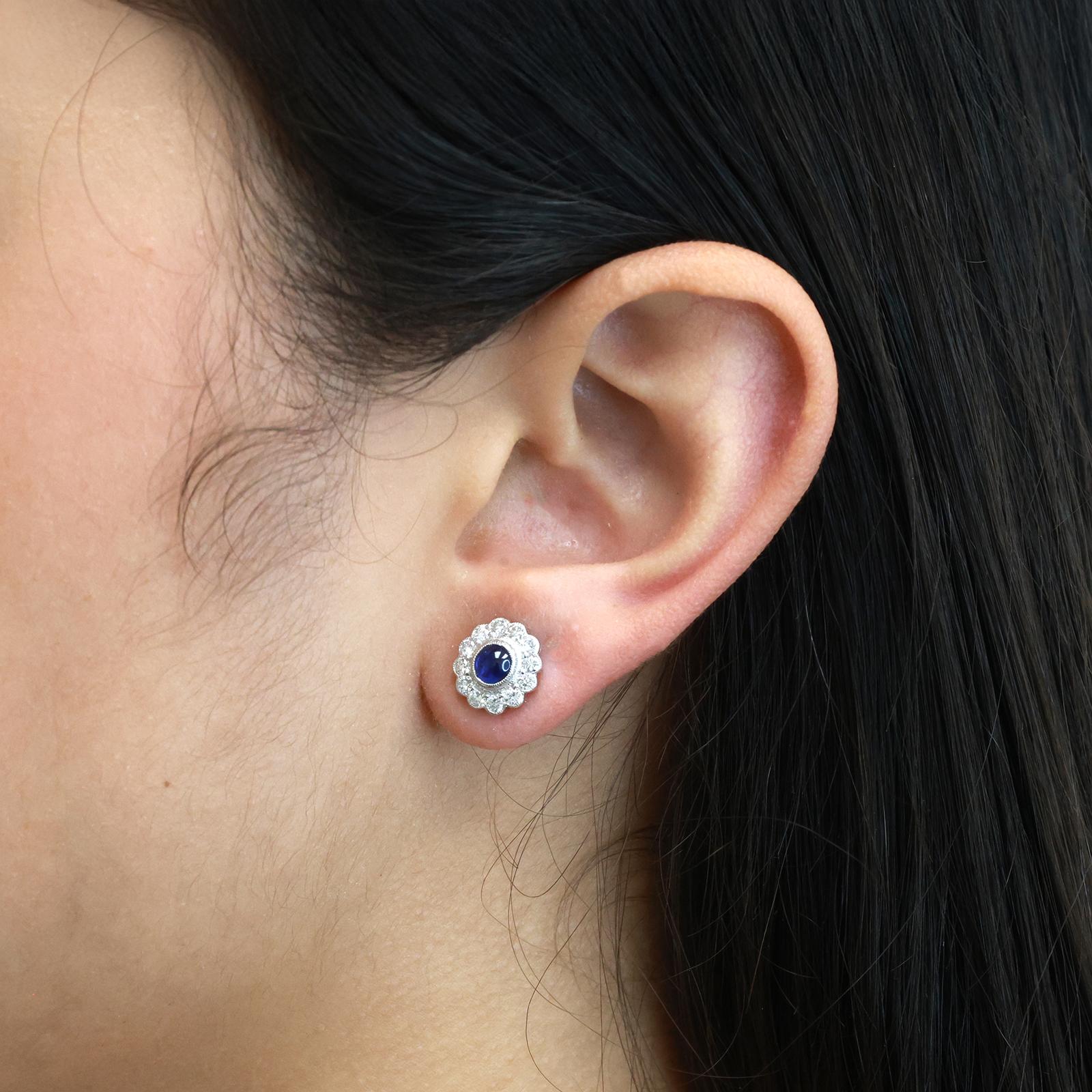 Platinum Blue Sapphire Diamond Halo Stud Earrings 1.32CTW Cabochon Oval Estate