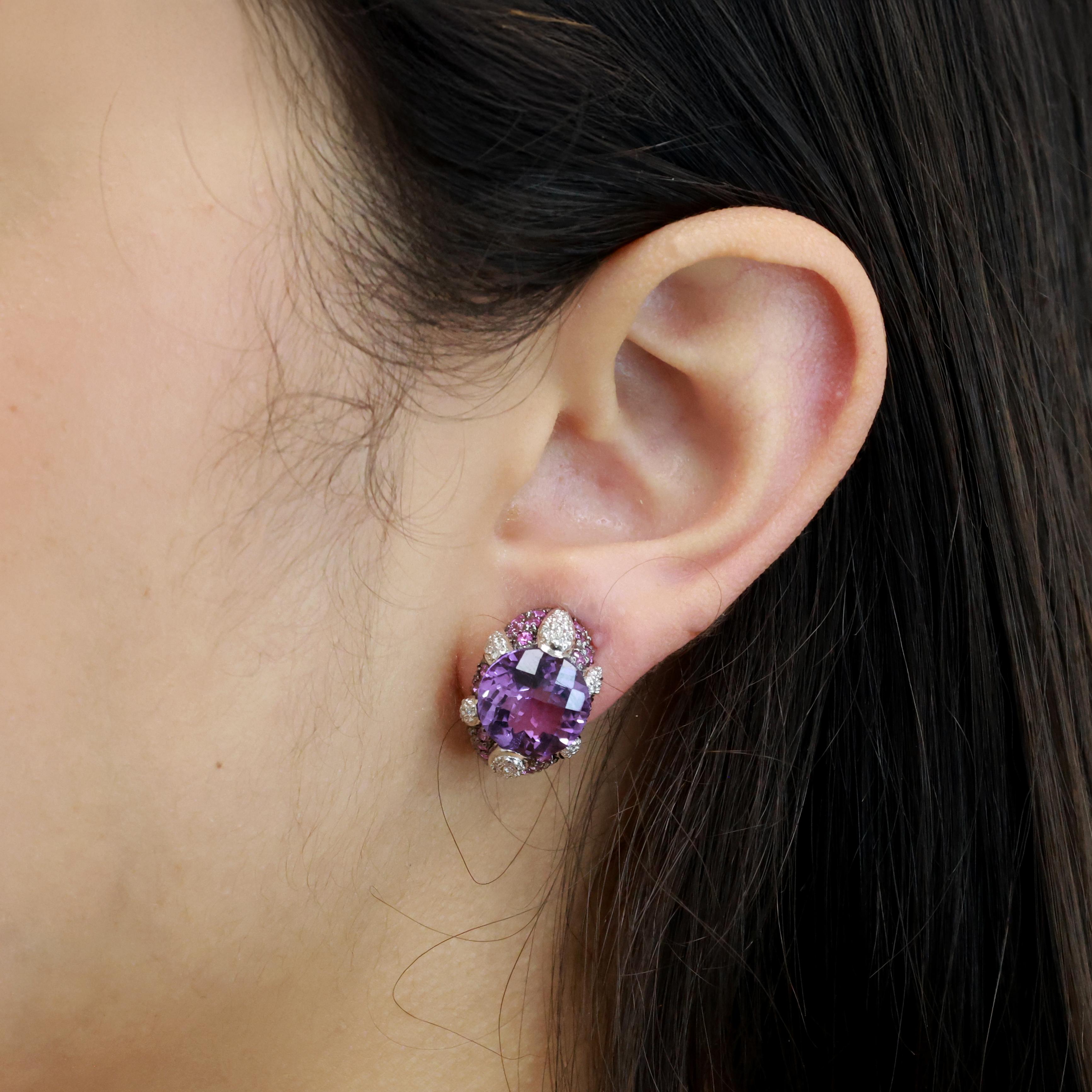 Pink Sapphire Amethyst Diamond Earrings 14K White Gold 9.00 CTW 0.47" Ladies