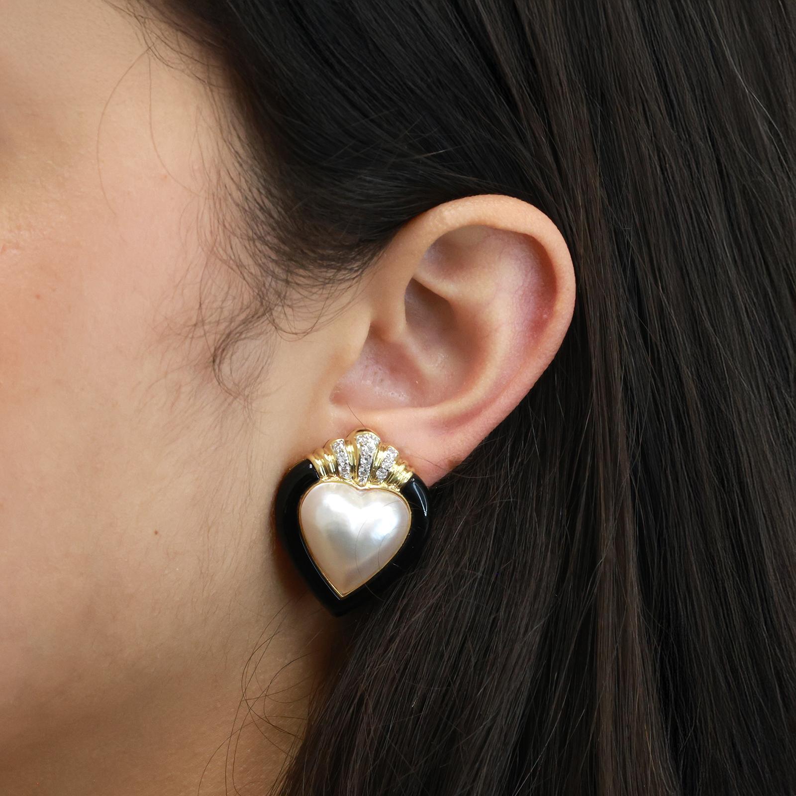 Mabe Pearl Onyx Diamond Heart Shape Earrings 18K Gold 0.90" Omega Backs