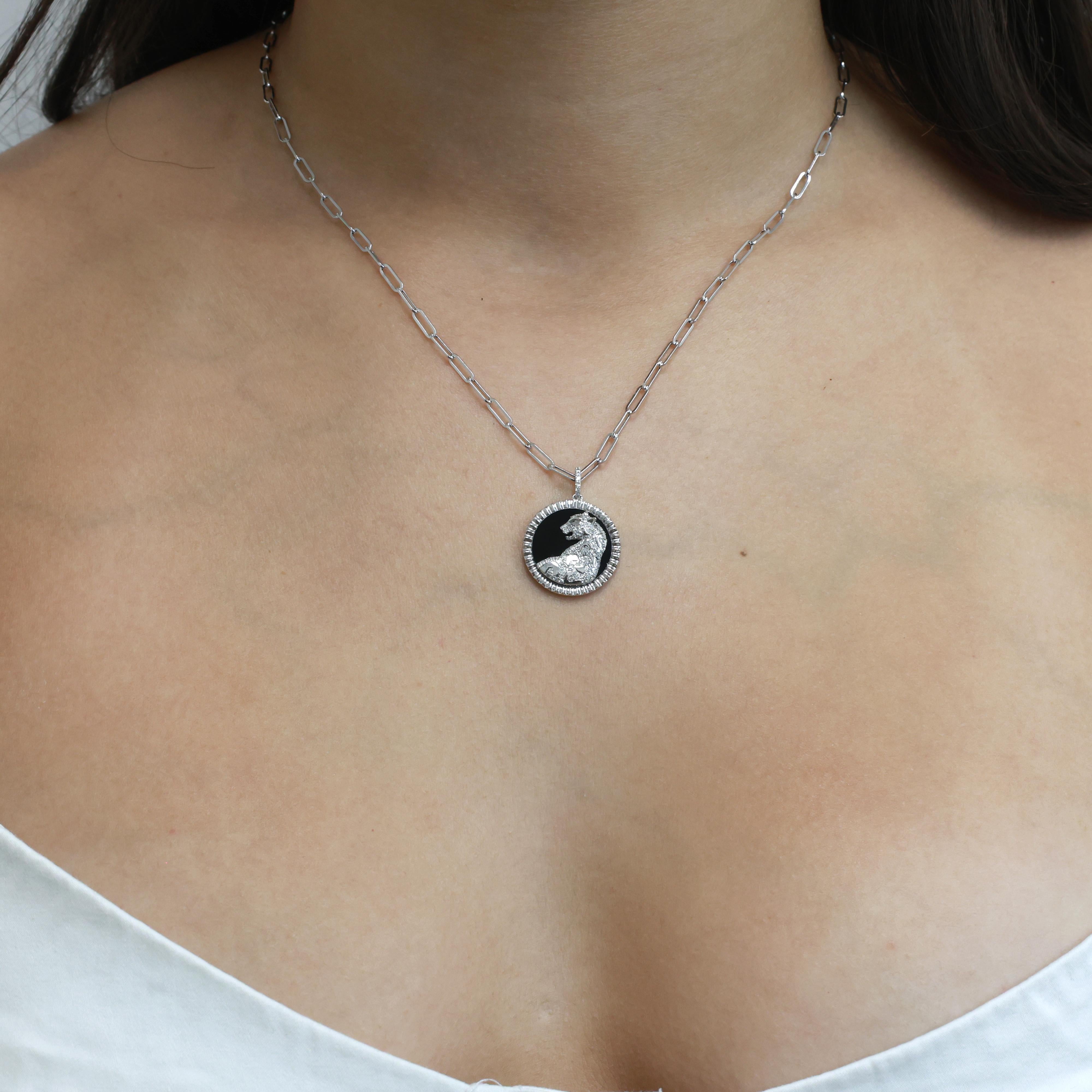 Effy Onyx Diamond Panther Pendant Paperclip Chain Necklace 14K White Gold 18"