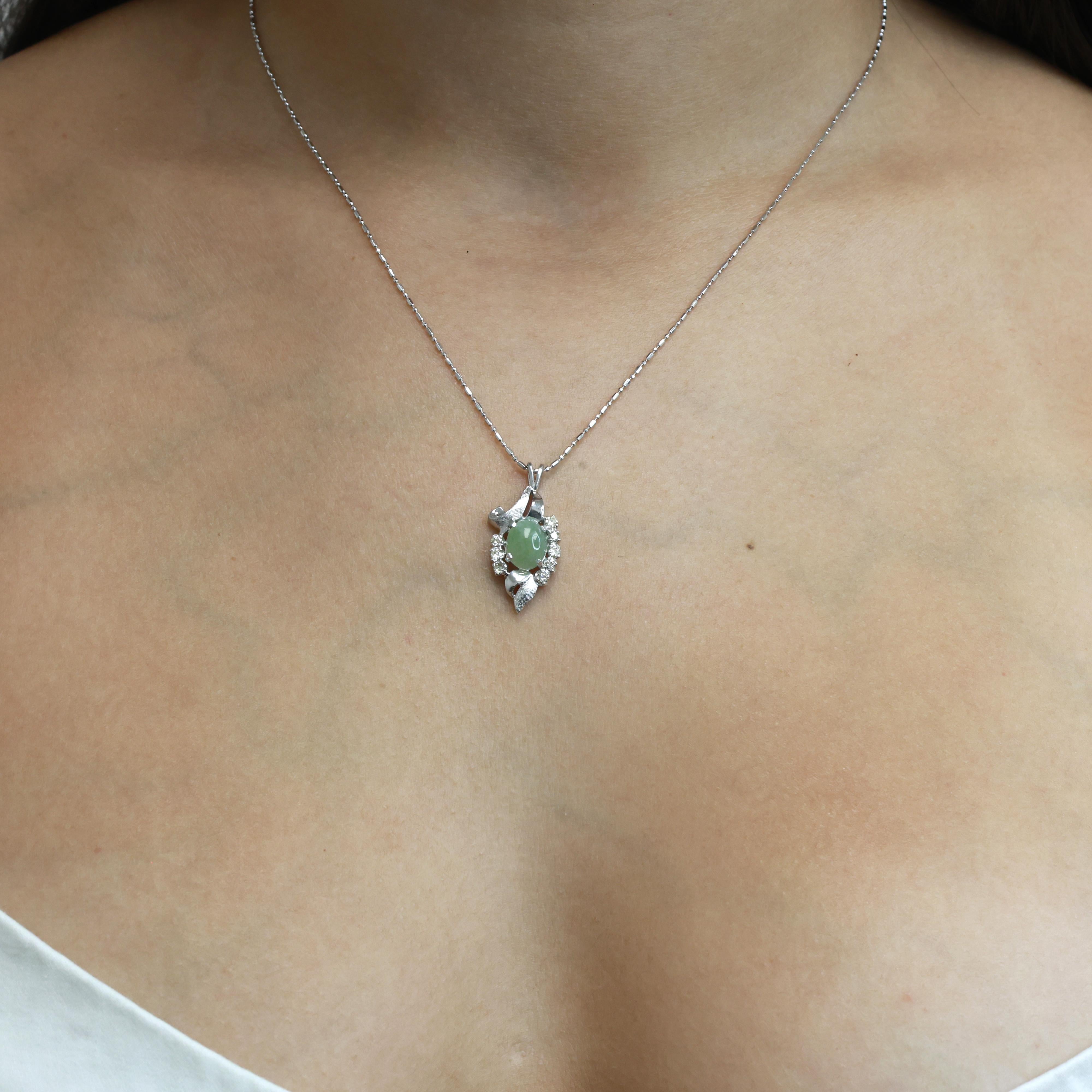 Jadeite Diamond Pendant Chain Necklace 14K White Gold 18" Ladies Estate