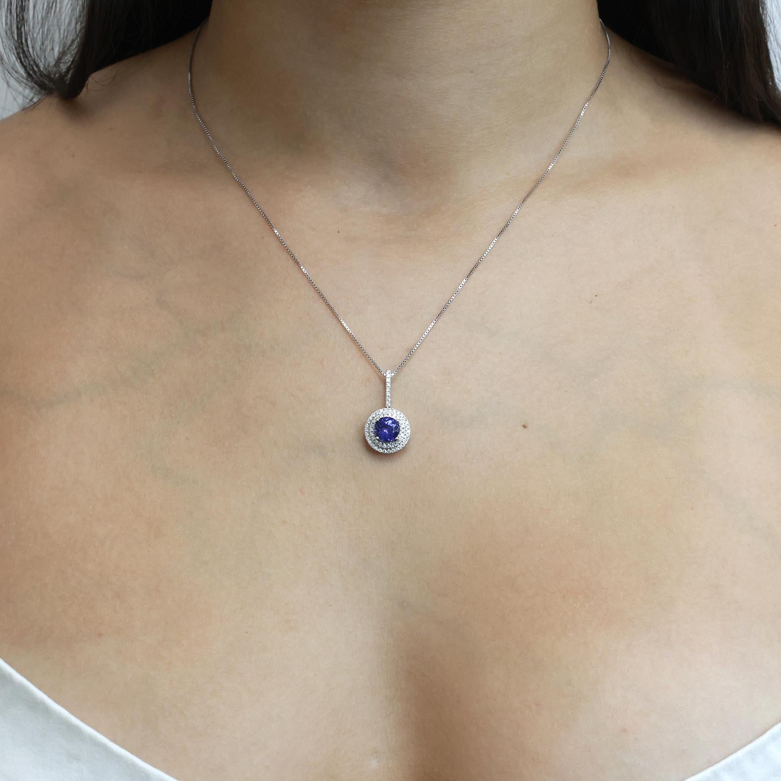 Platinum Round Tanzanite Halo Diamond Pendant Charm 1.70 CTW 0.85" Estate