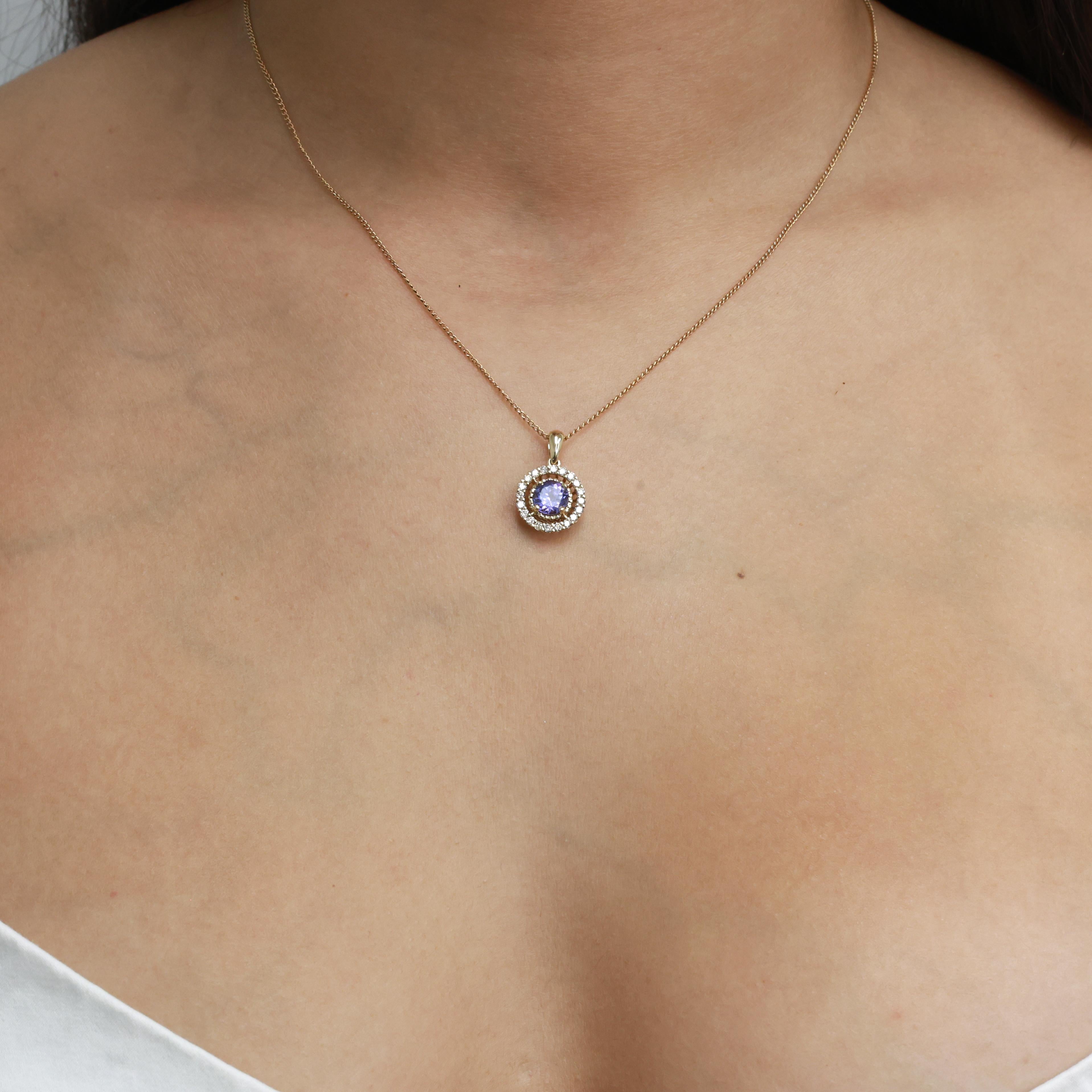 Round Tanzanite Halo Diamond Pendant Charm 14K Yellow Gold 1.28 CTW 0.75" Estate