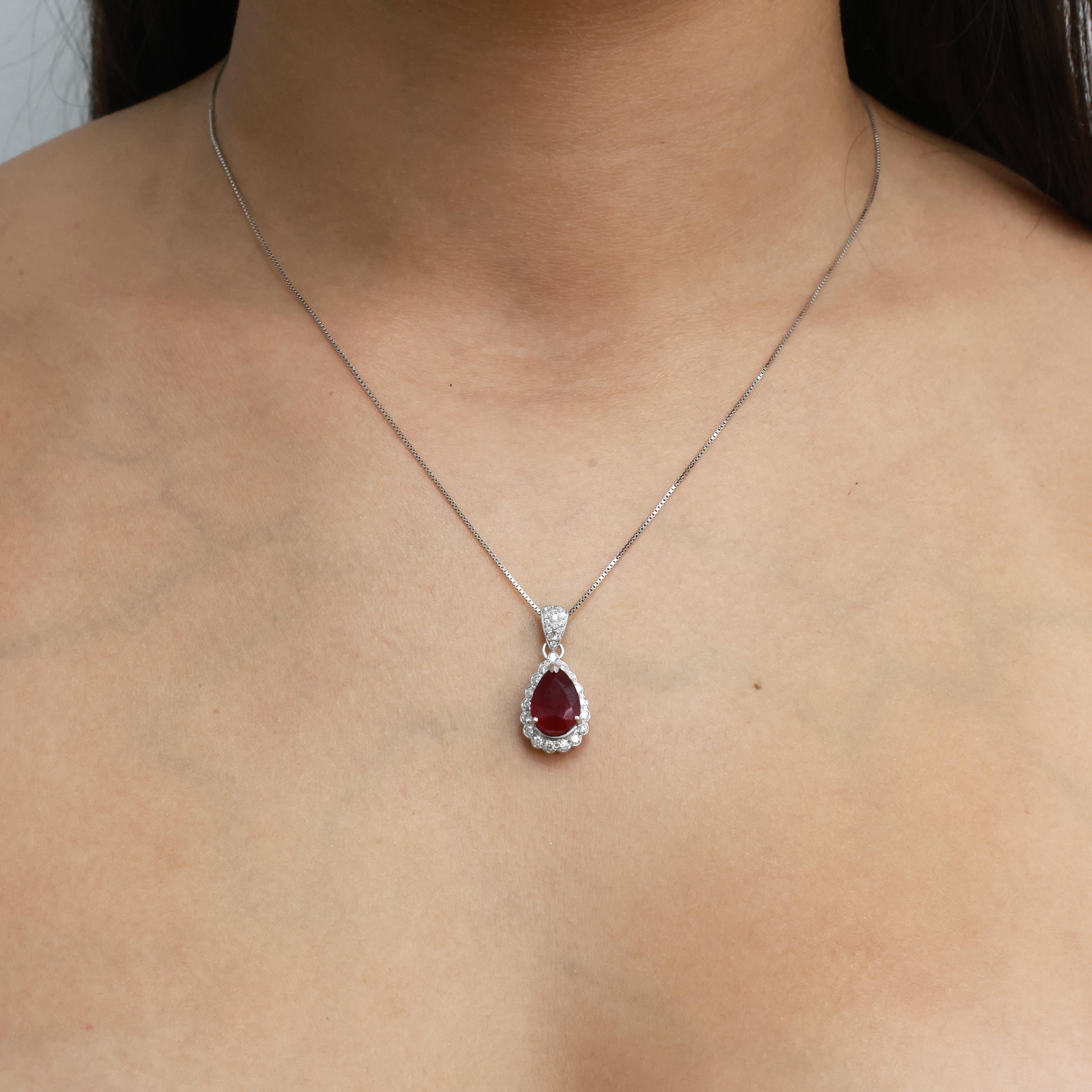 Pear Cut Ruby Halo Diamond Pendant Charm 18K White Gold 3.25 CTW 1" Estate