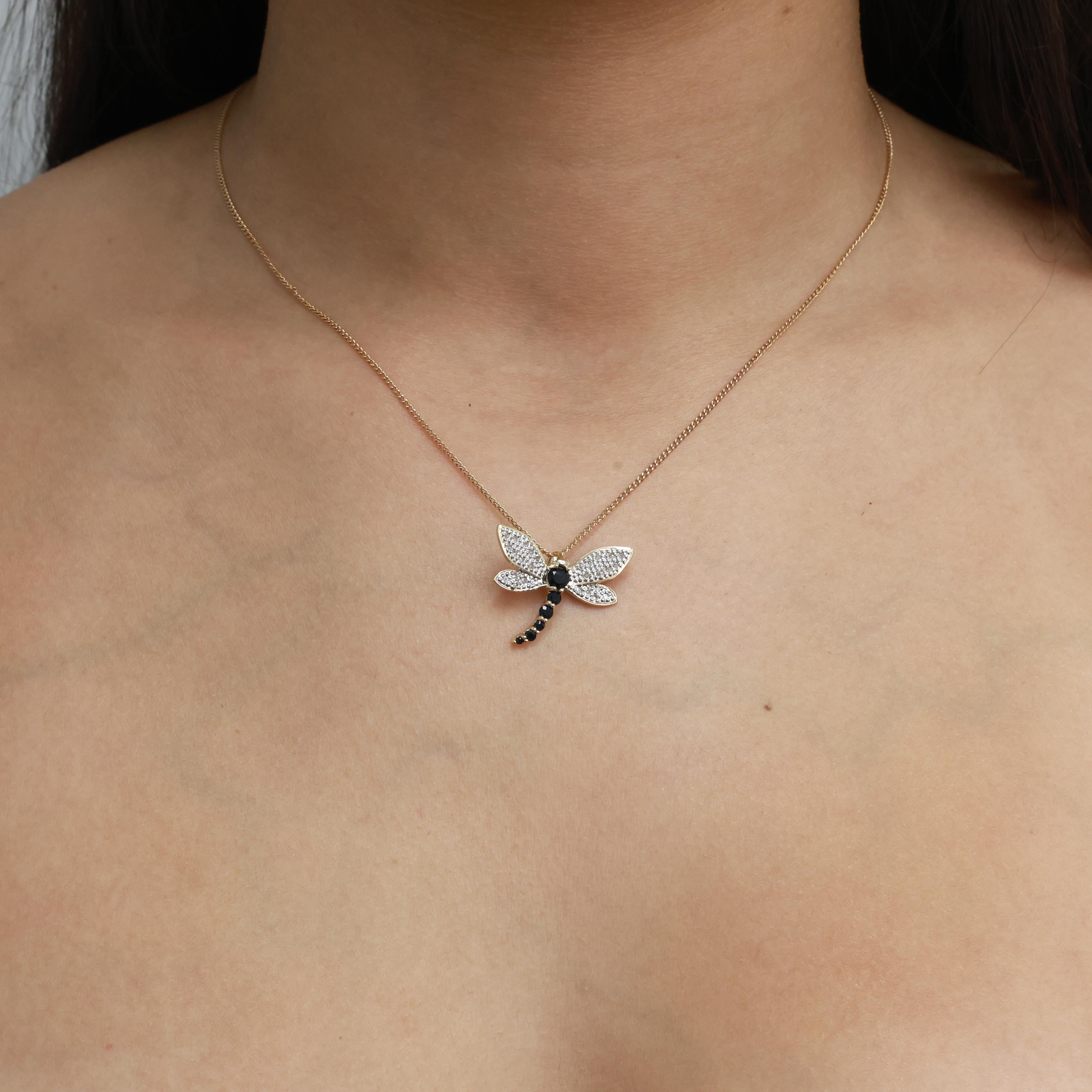 Diamond Sapphire Dragonfly Pendant Charm 10K Gold 0.60 CTW 0.70" Estate