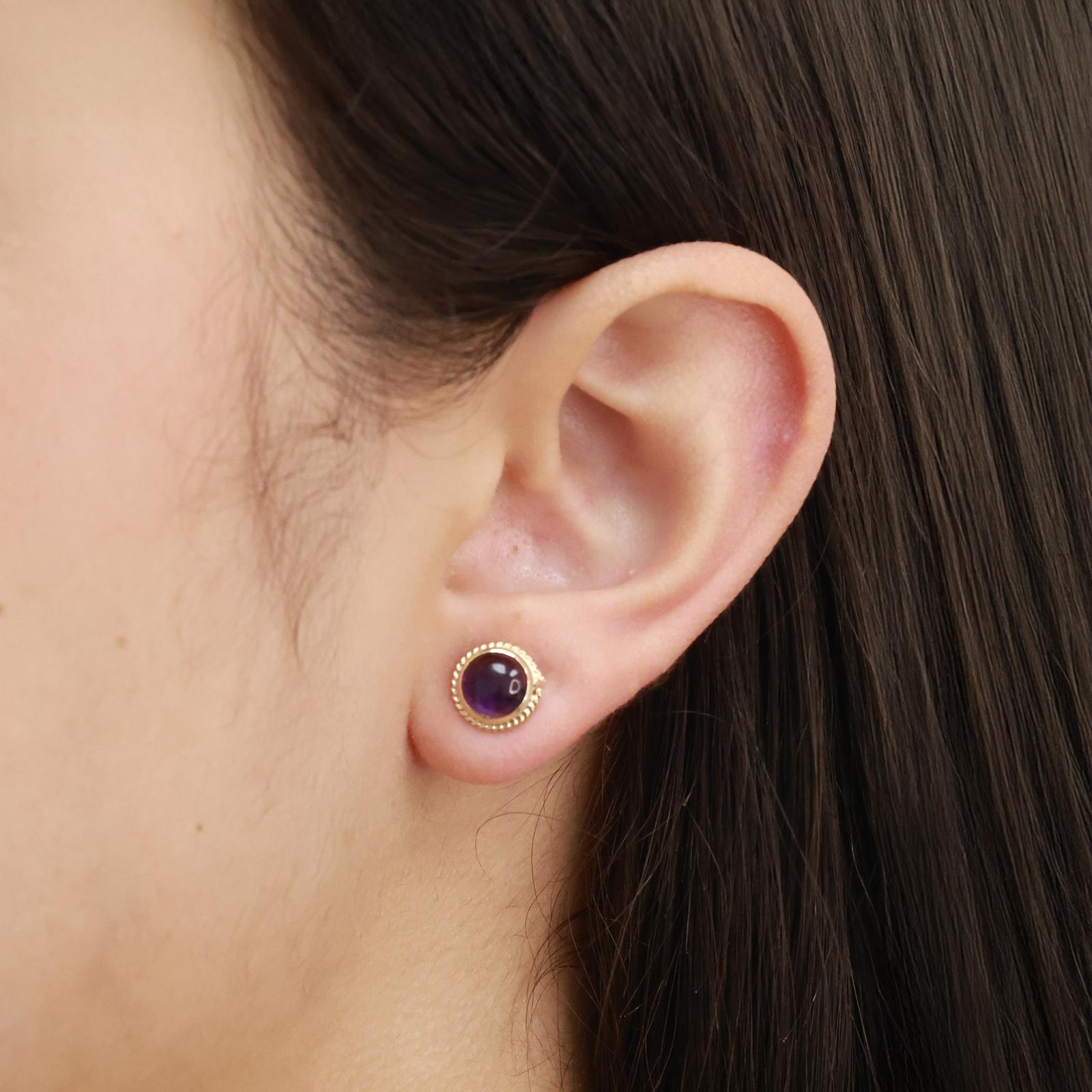 Round Amethyst Cabochon Stud Earrings 14K Yellow Gold 2.20 CTW Ladies Estate