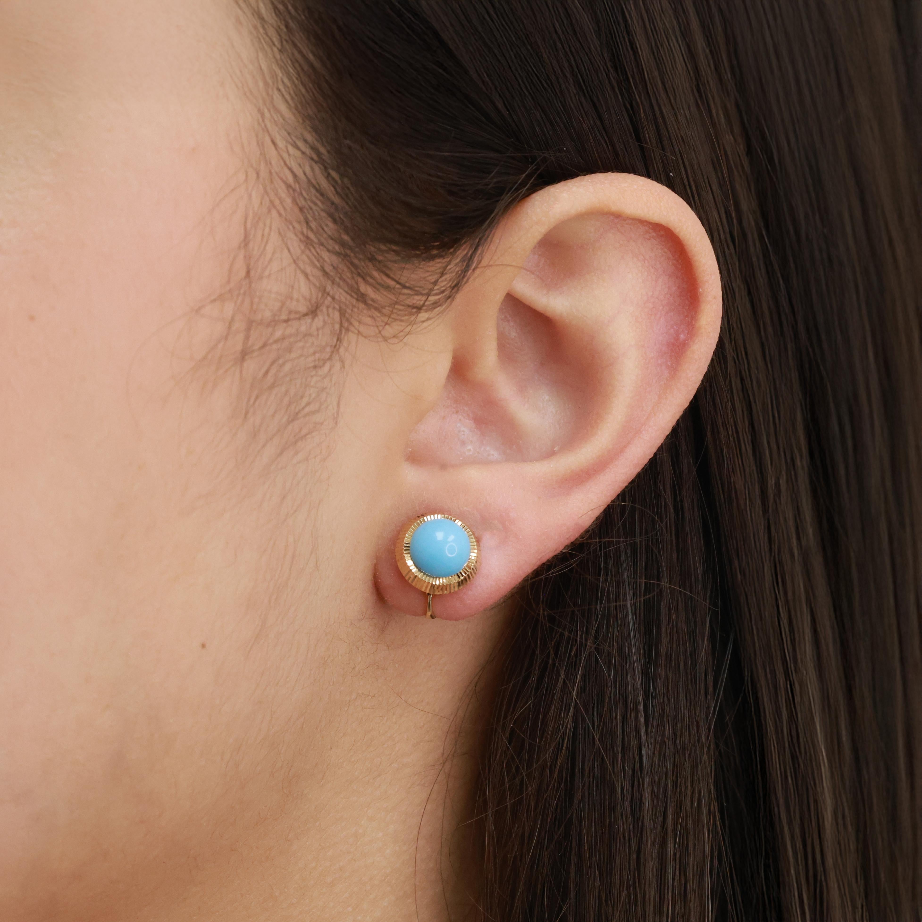 Round Turquoise Cabochon Stud Earrings 14K Yellow Gold Ladies Estate