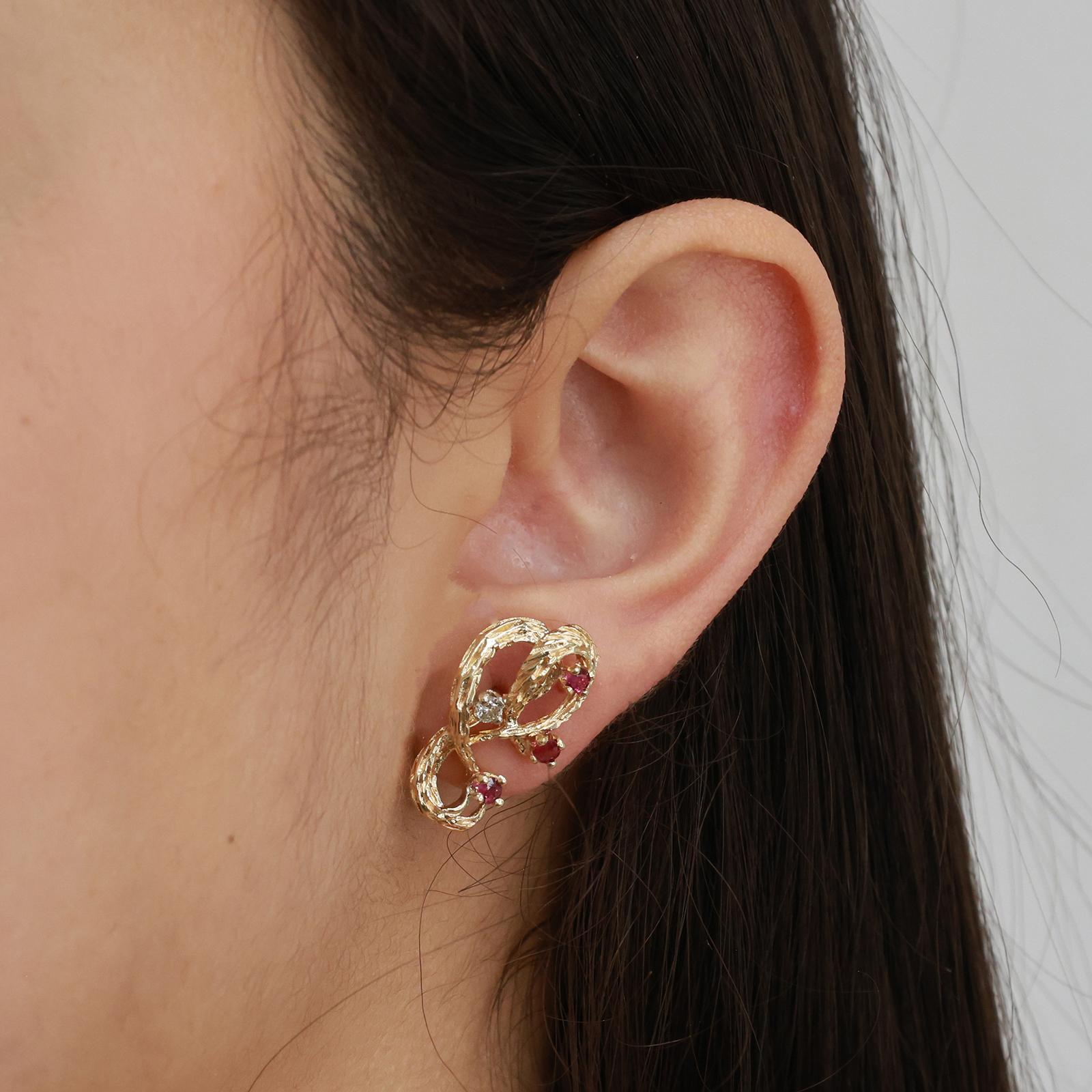 Ruby Diamond Swirl Drop Earrings 14K Textured Gold 0.58 CTW 0.50" Ladies Estate