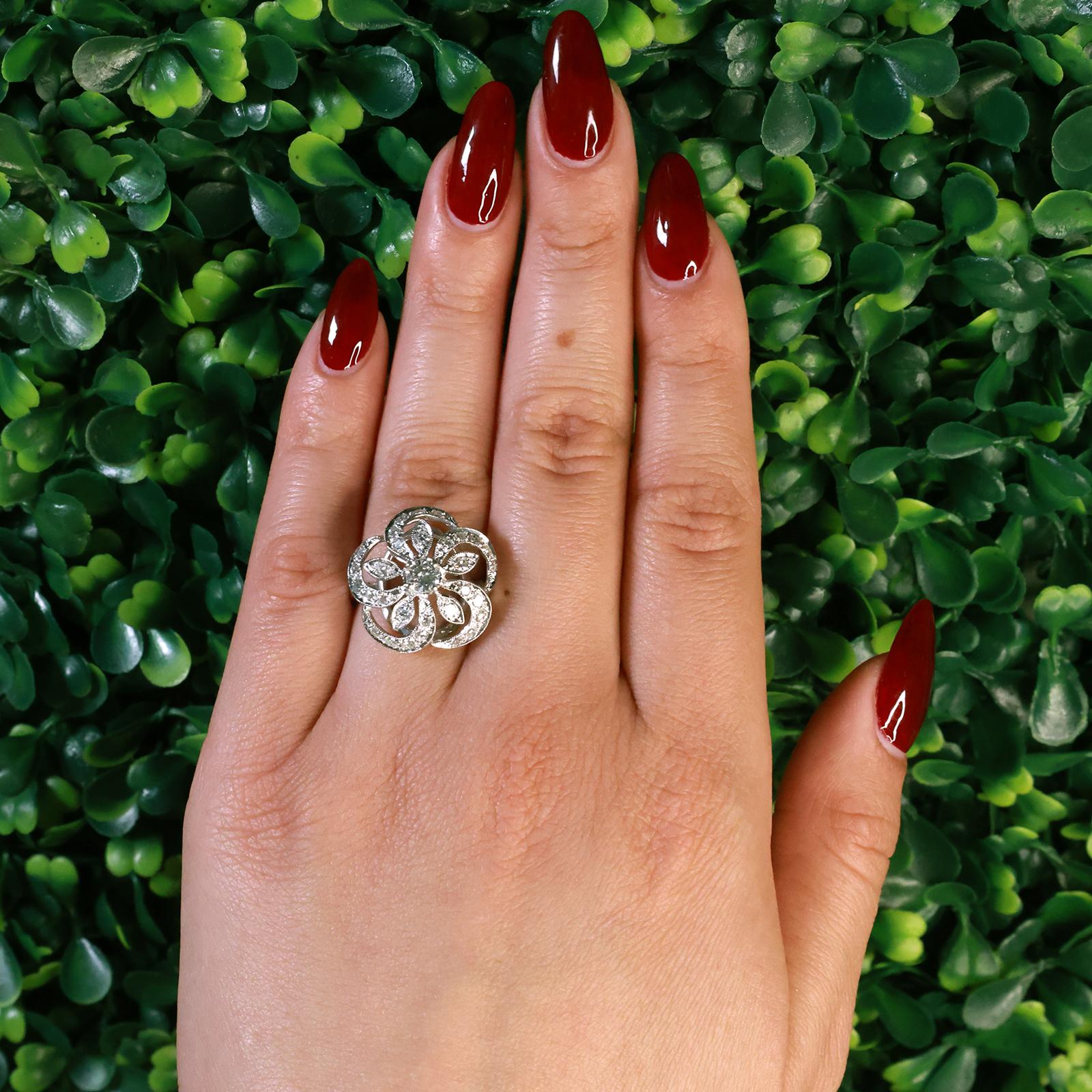 Vintage Diamond Floral Statement Ring White Gold 1.10 TW Size 7 Ladies Estate