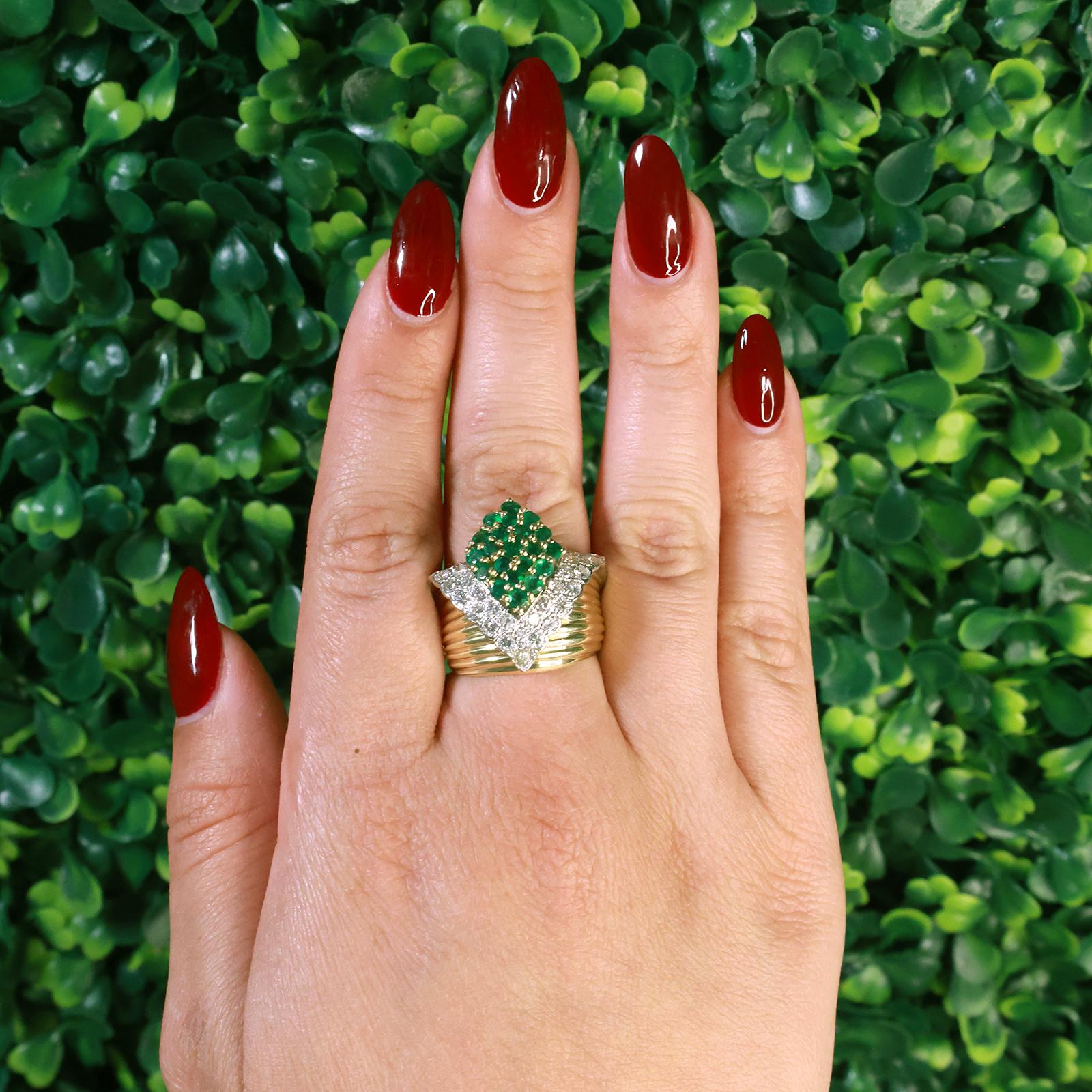 Two-Tone Gold 2.00CTW Diamond And 1.68CTW Emerald Cluster Navette Ring Size 9.75