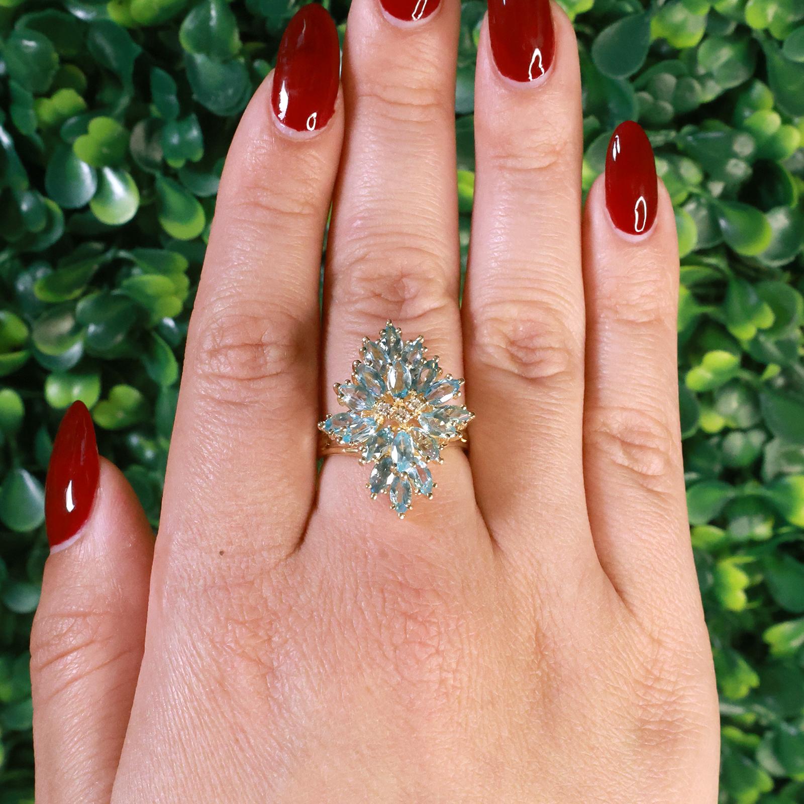 3.66 CTW Blue Topaz Diamond Floral Cocktail Ring 14K Yellow Gold Size 8.5