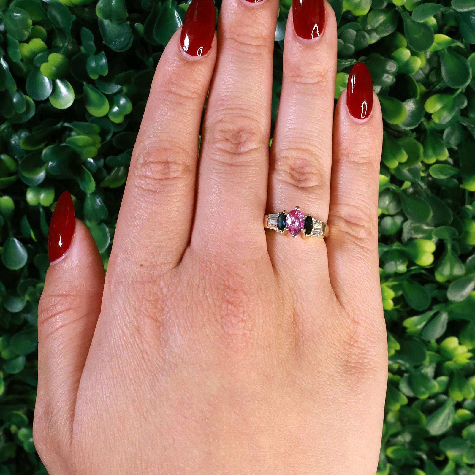 Pink And Blue Sapphire Diamond Accent Cocktail Ring 14K Gold 1.46 CTW Size 6